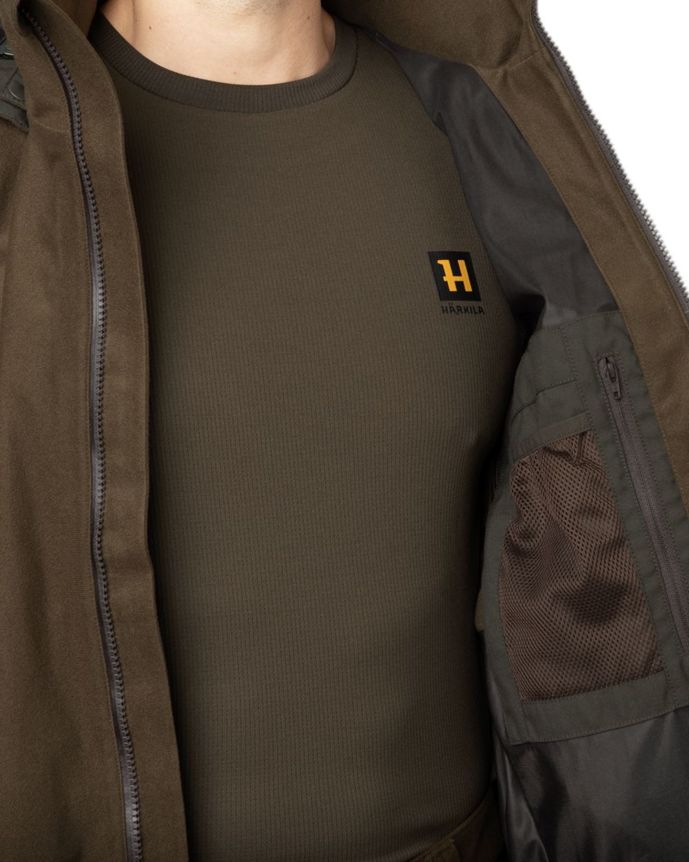 Hunting Green Shadow Brown Coloured Harkila Forest Hunter GTX Jacket on white background #colour_hunting-green-shadow-brown