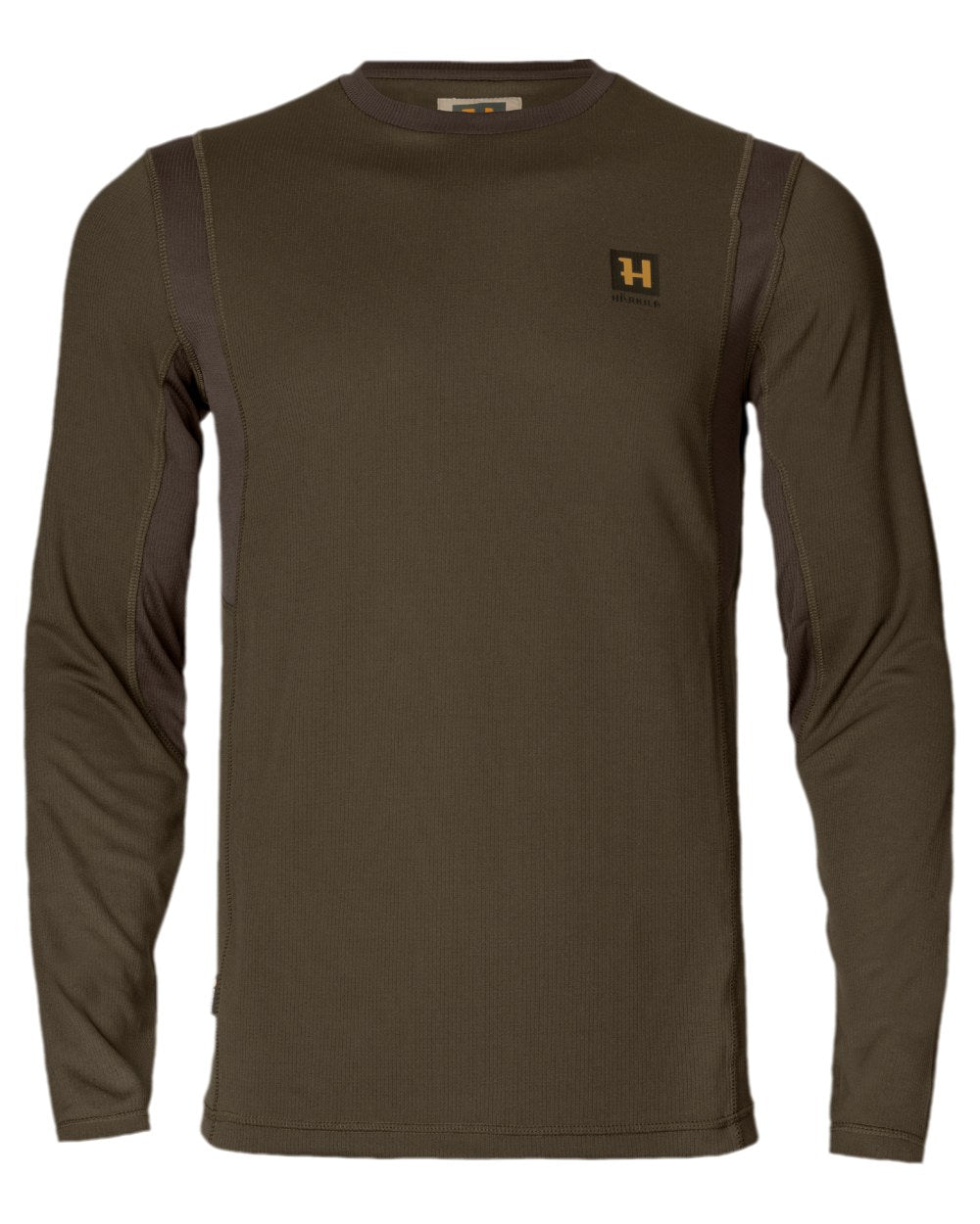 Hunting Green Shadow Brown Coloured Harkila Forest Hunter Long Sleeve T-Shirt on white background #colour_hunting-green-shadow-brown