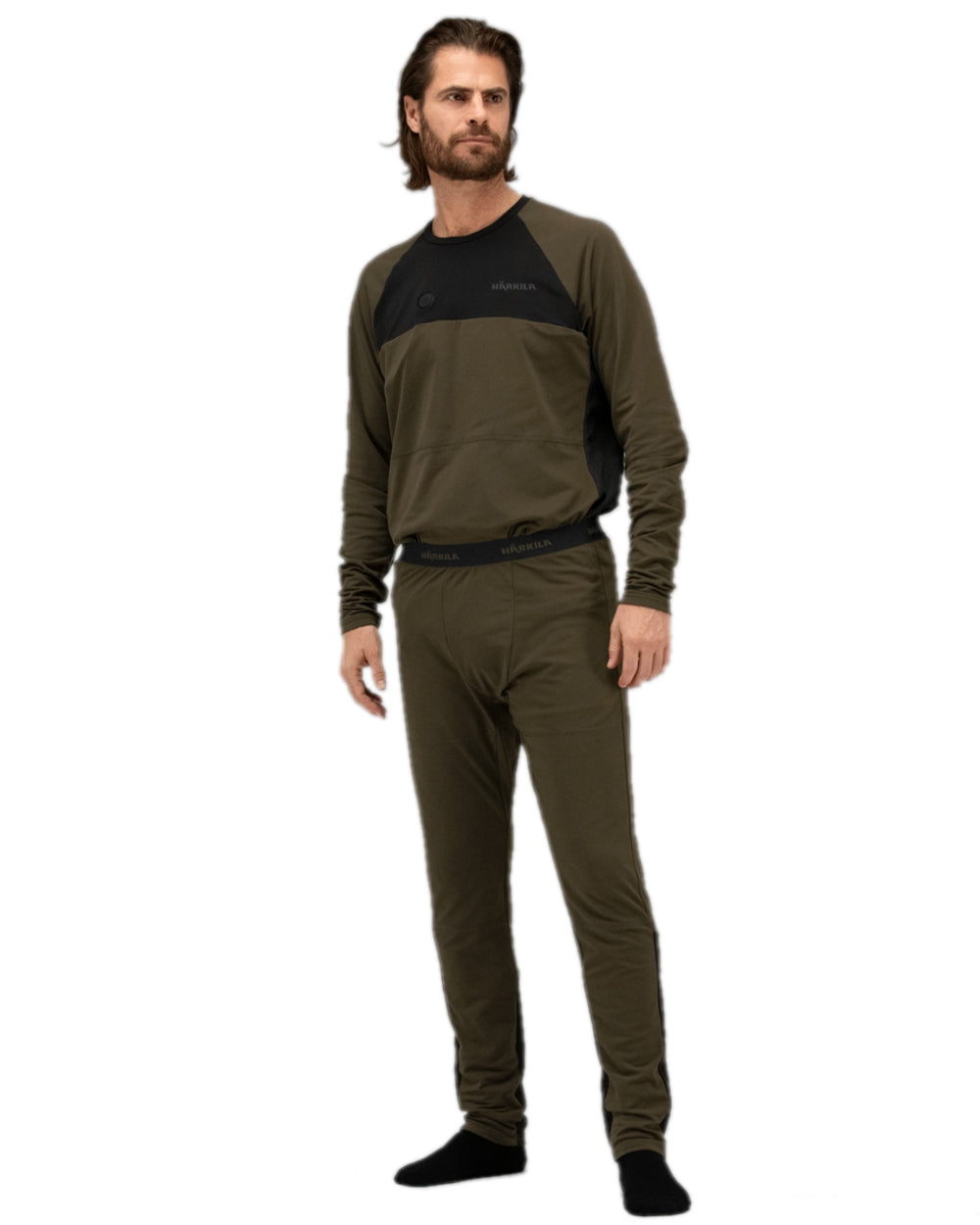 Willow Green Black Coloured Harkila Heat Long Sleeve T-Shirt on white background #colour_willow-green-black