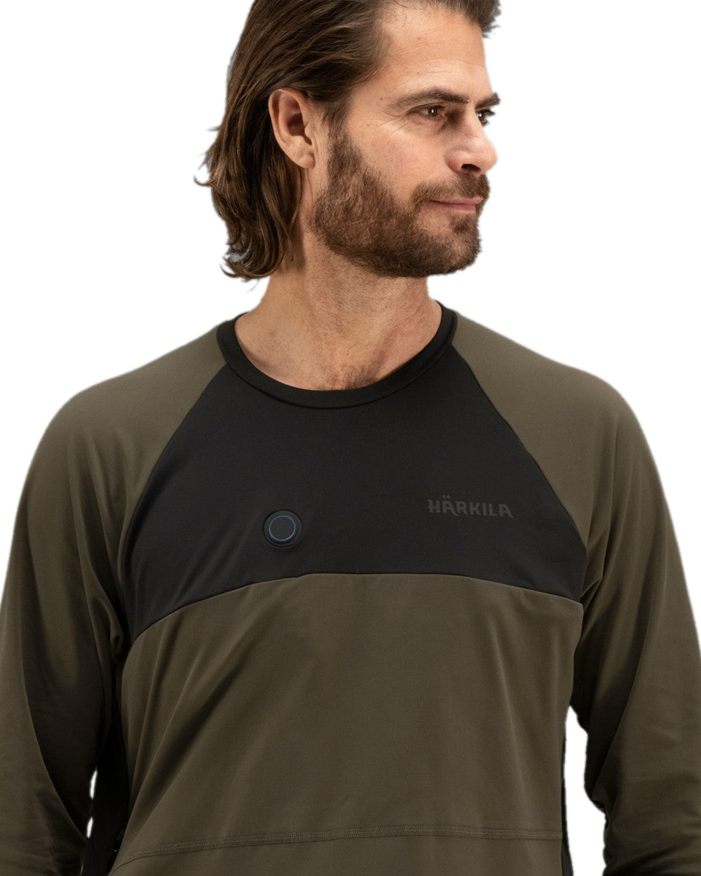 Willow Green Black Coloured Harkila Heat Long Sleeve T-Shirt on white background #colour_willow-green-black