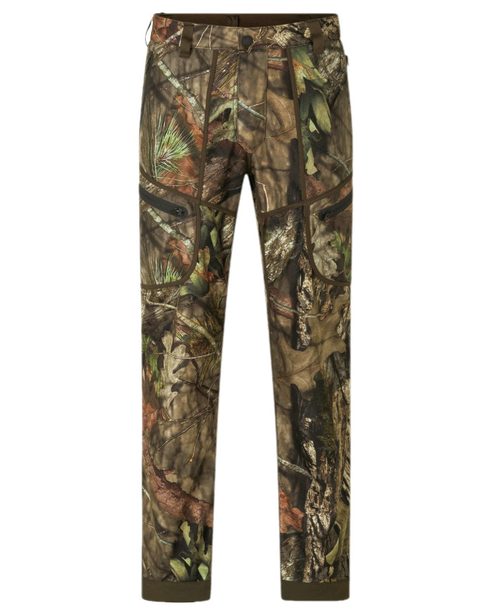 Hunting Green MossyOak Coloured Harkila Kamko Camo Reversible WSP Trousers on white background #colour_hunting-green-mossyoak