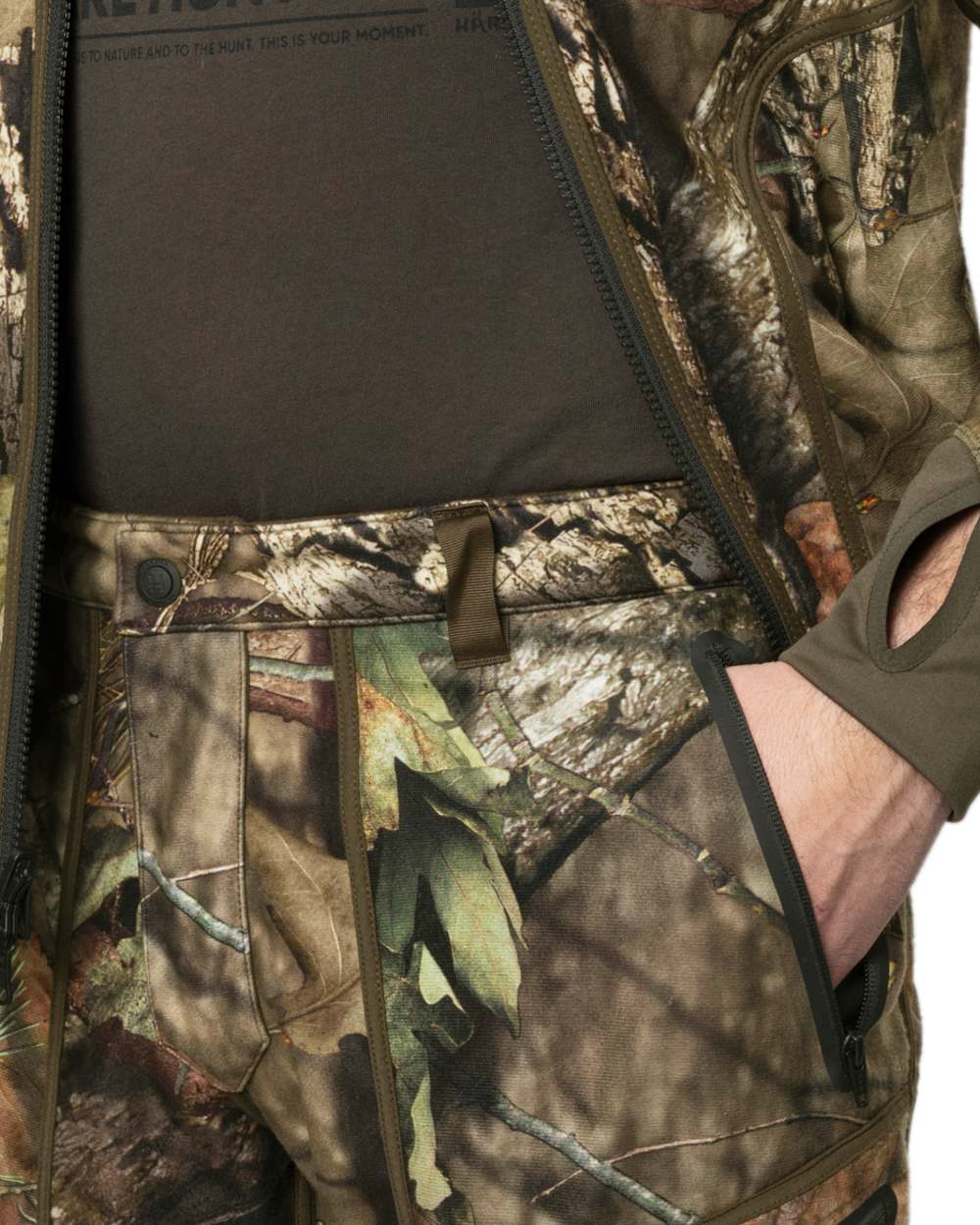 Hunting Green MossyOak Coloured Harkila Kamko Camo Reversible WSP Trousers on white background #colour_hunting-green-mossyoak