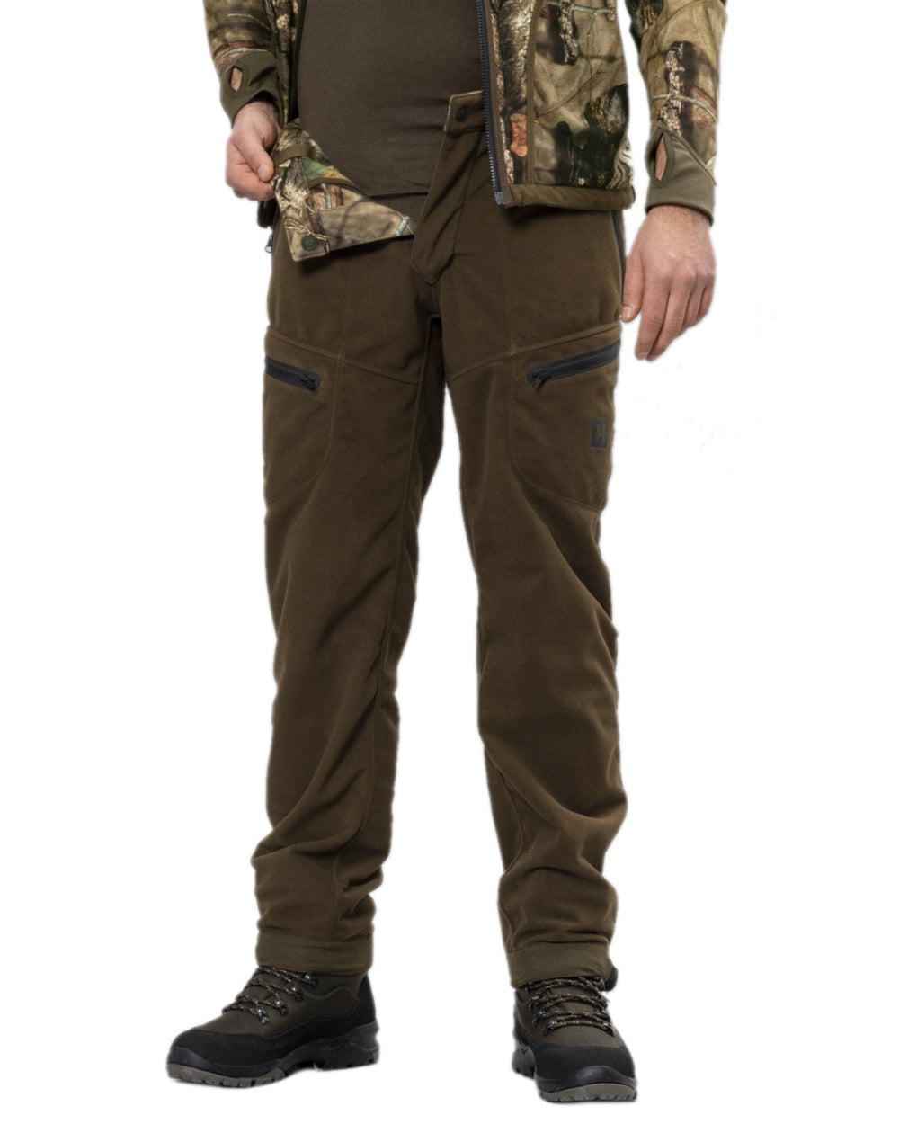 Hunting Green MossyOak Coloured Harkila Kamko Camo Reversible WSP Trousers on white background #colour_hunting-green-mossyoak