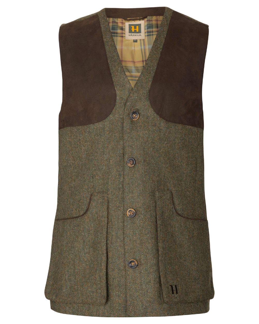 Forest Green Herringbone coloured Harkila Kenmore Shooting Waistcoat on white background #colour_forest-green-herringbone