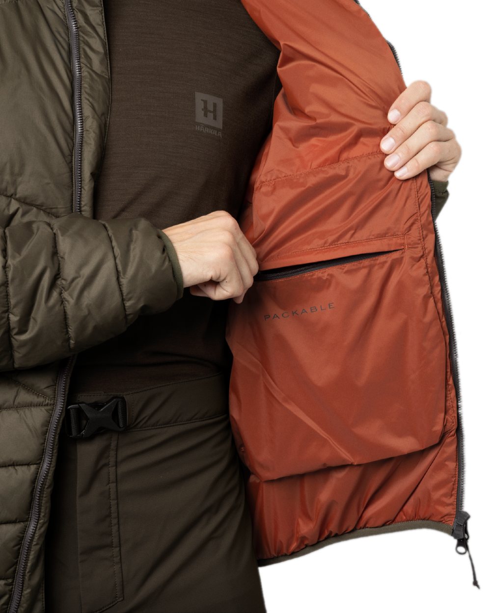 Willow Green Coloured Harkila Logmar Insulated Packable Hooded Jacket on white background #colour_willow-green