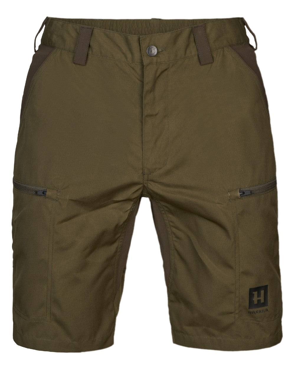Dark Olive Willow Green Coloured Harkila Mens Fjell Shorts on white background #colour_dark-olive-willow-green