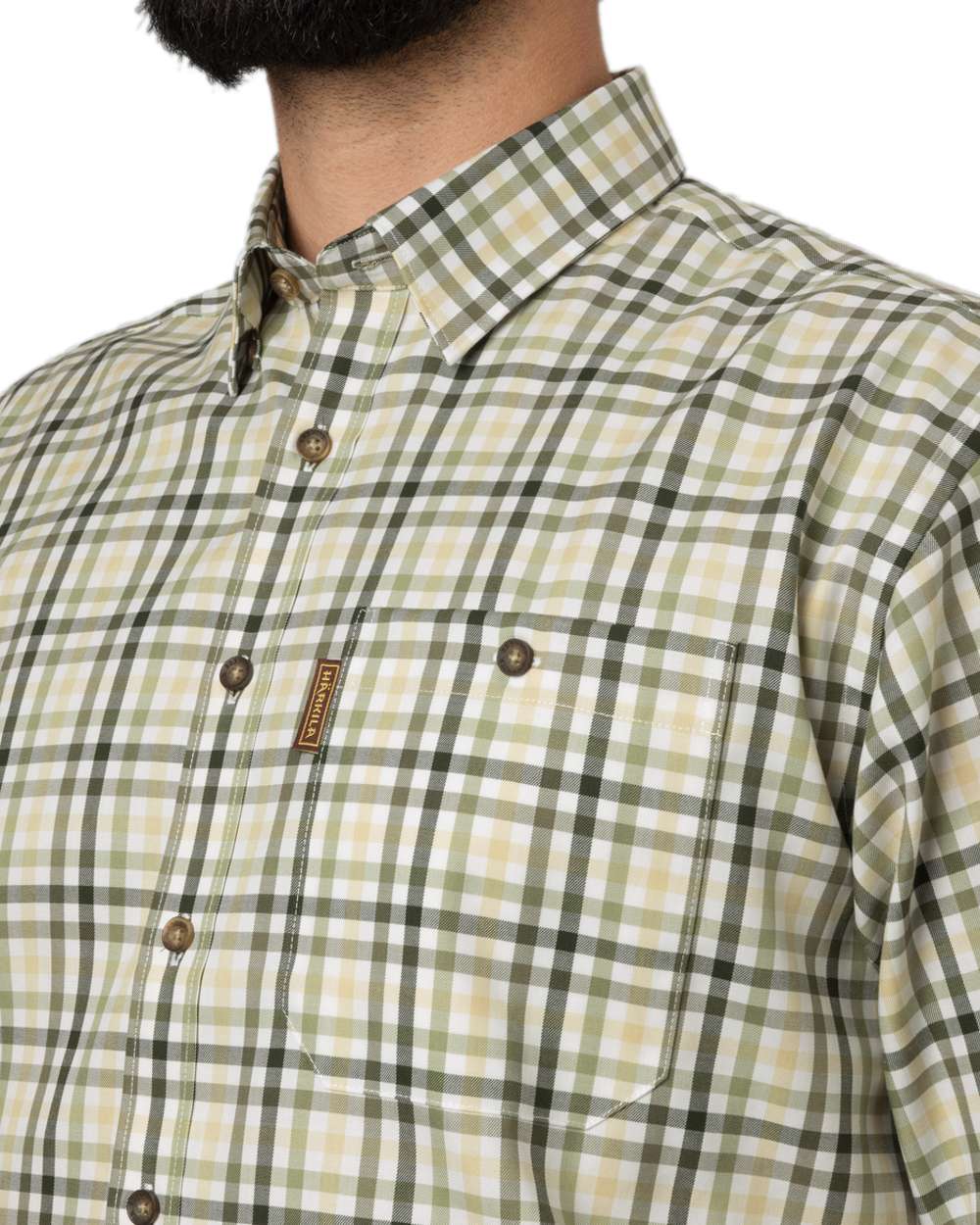Beech Green Check Coloured Harkila Milford Shirt on white background #colour_beech-green-check