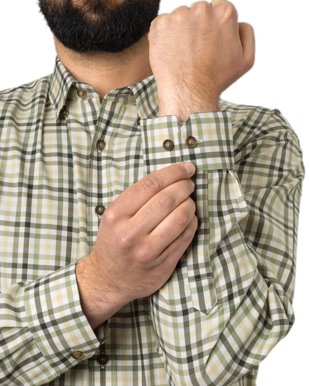 Beech Green Check Coloured Harkila Milford Shirt on white background #colour_beech-green-check
