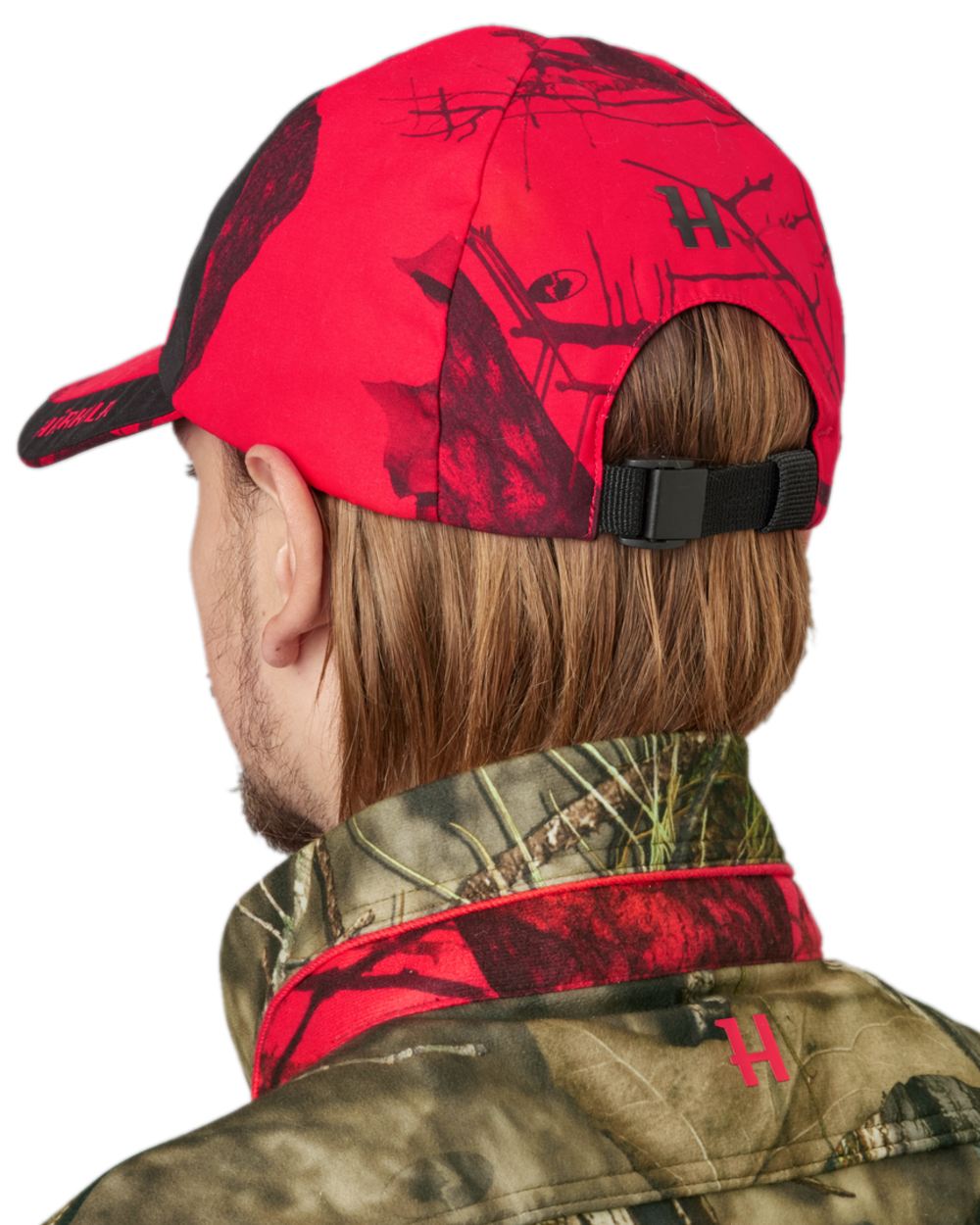 Mossy Oak Red Coloured Harkila Moose Hunter 2.0 Safety Cap on white background #colour_mossy-oak-red