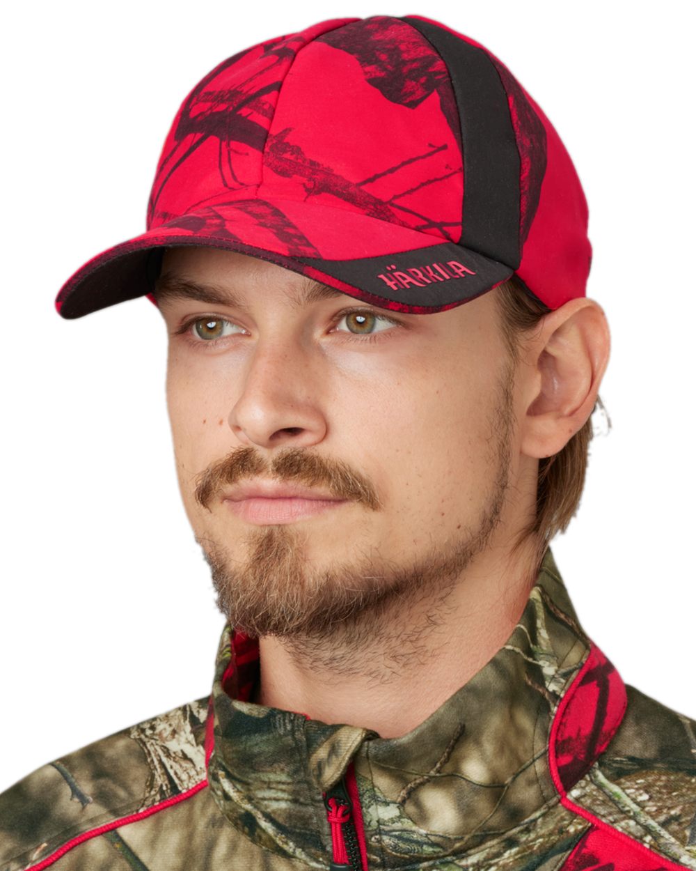 Mossy Oak Red Coloured Harkila Moose Hunter 2.0 Safety Cap on white background #colour_mossy-oak-red