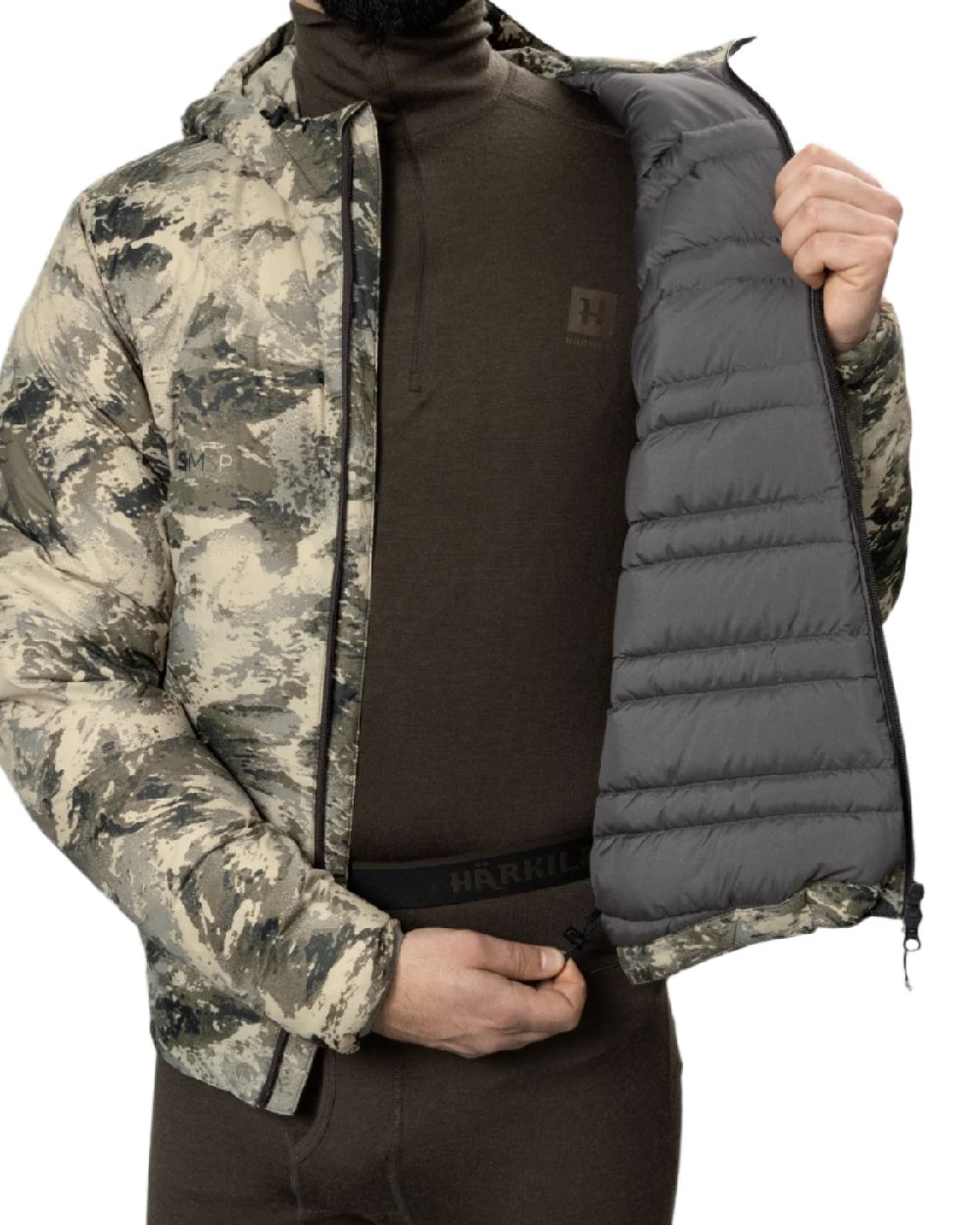 AXIS Mountain Coloured Harkila Mountain Hunter Expedition Packable Down Jacket on white background #colour_axis-mountain