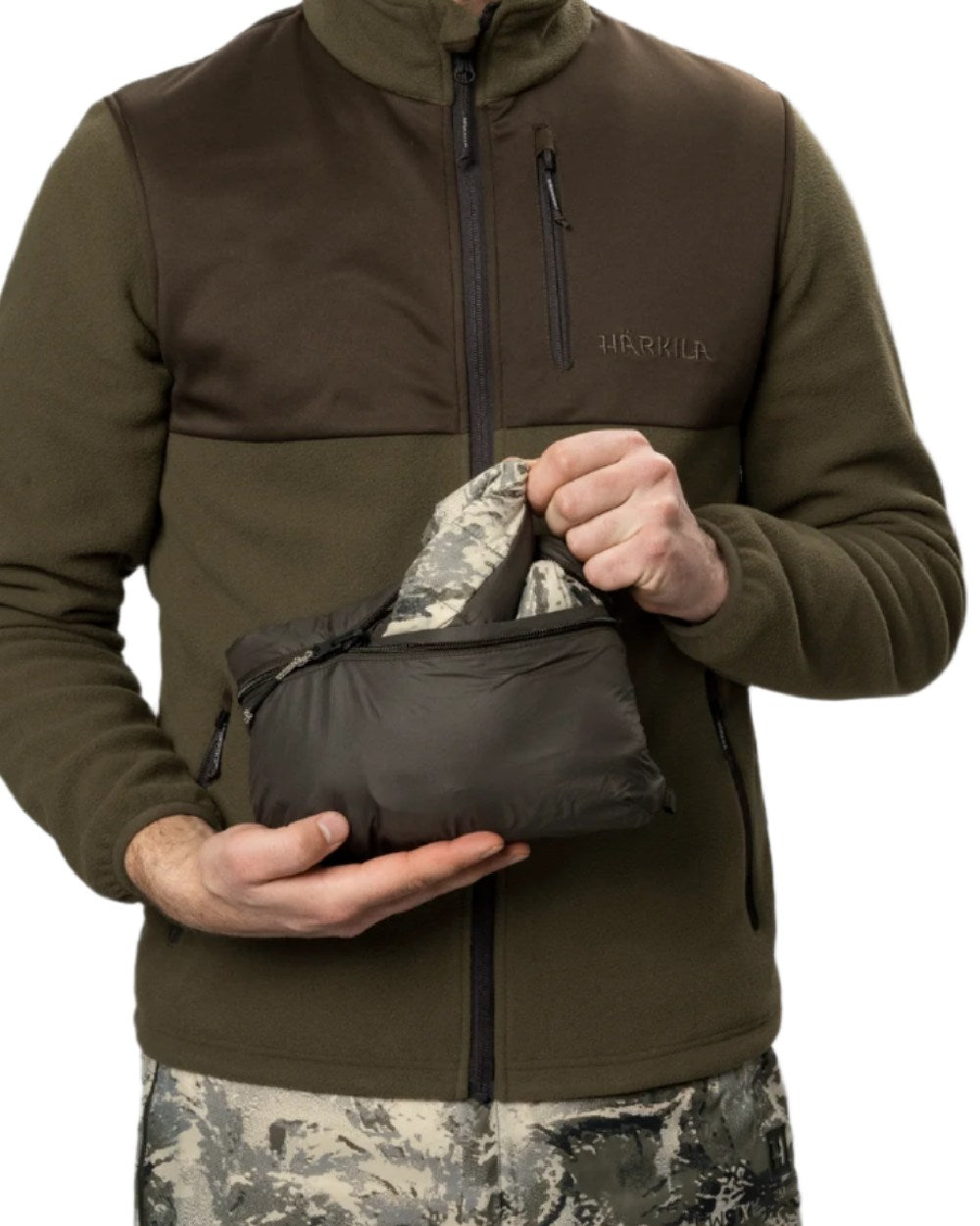 AXIS Mountain Shadow Brown Coloured Harkila Mountain Hunter Expedition Reversible Down Waistcoat on white background #colour_axis-mountain-shadow-brown