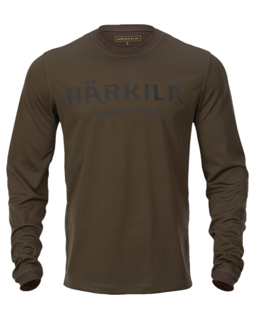 Hunting Green Shadow Brown Coloured Harkila Mountain Hunter Long Sleeve T-Shirt on white background #colour_hunting-green-shadow-brown
