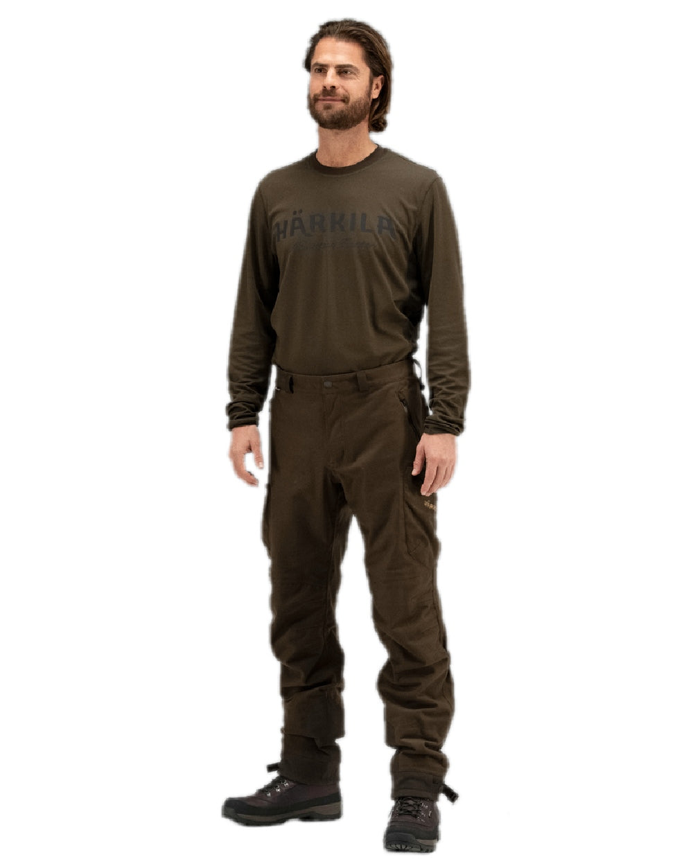 Hunting Green Shadow Brown Coloured Harkila Mountain Hunter Long Sleeve T-Shirt on white background #colour_hunting-green-shadow-brown