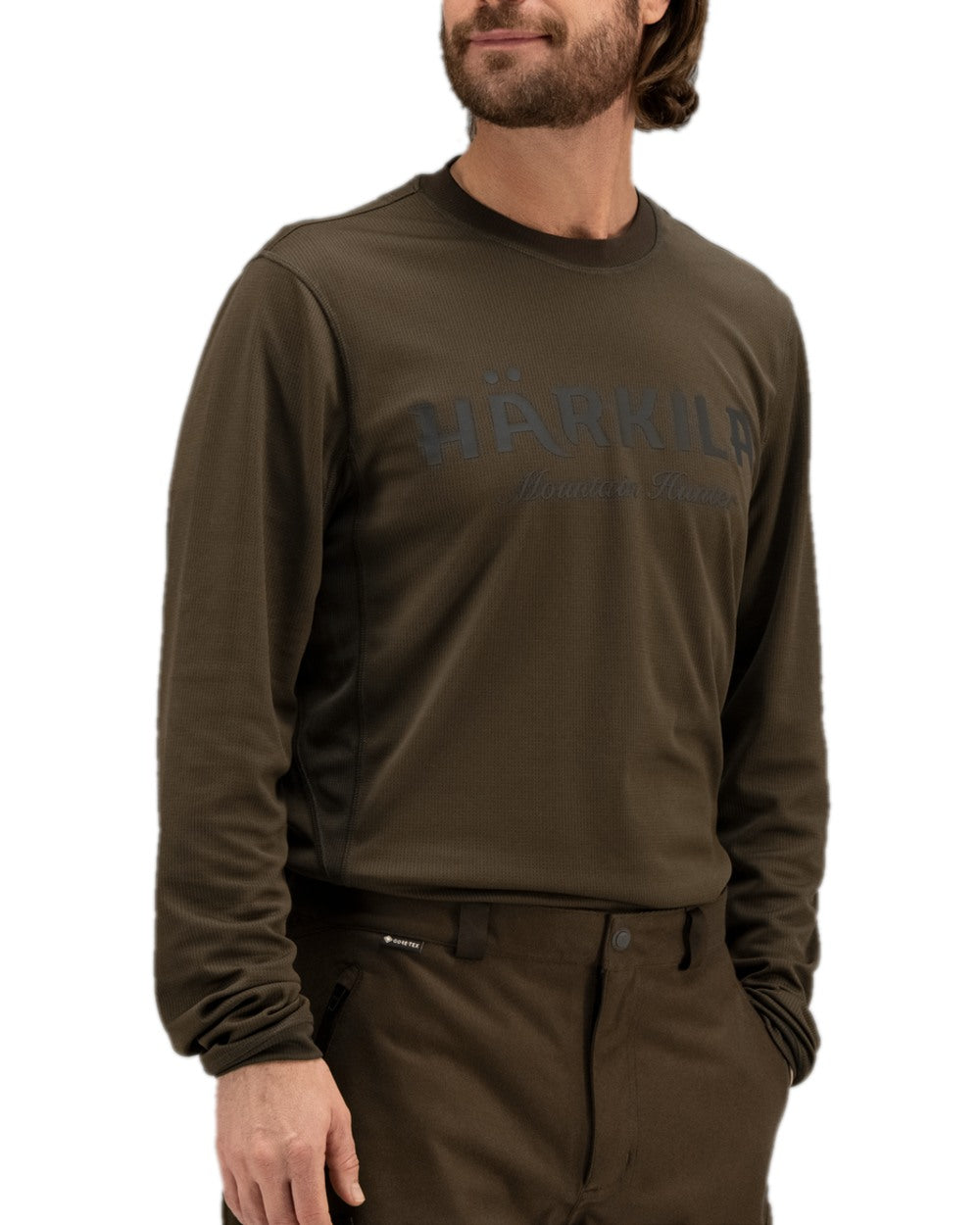 Hunting Green Shadow Brown Coloured Harkila Mountain Hunter Long Sleeve T-Shirt on white background #colour_hunting-green-shadow-brown
