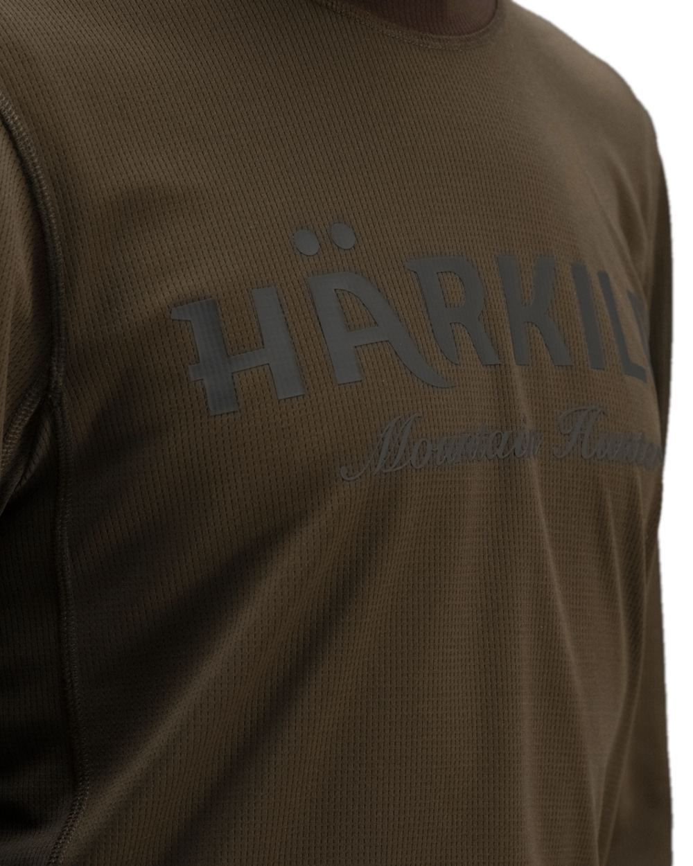 Hunting Green Shadow Brown Coloured Harkila Mountain Hunter Long Sleeve T-Shirt on white background #colour_hunting-green-shadow-brown