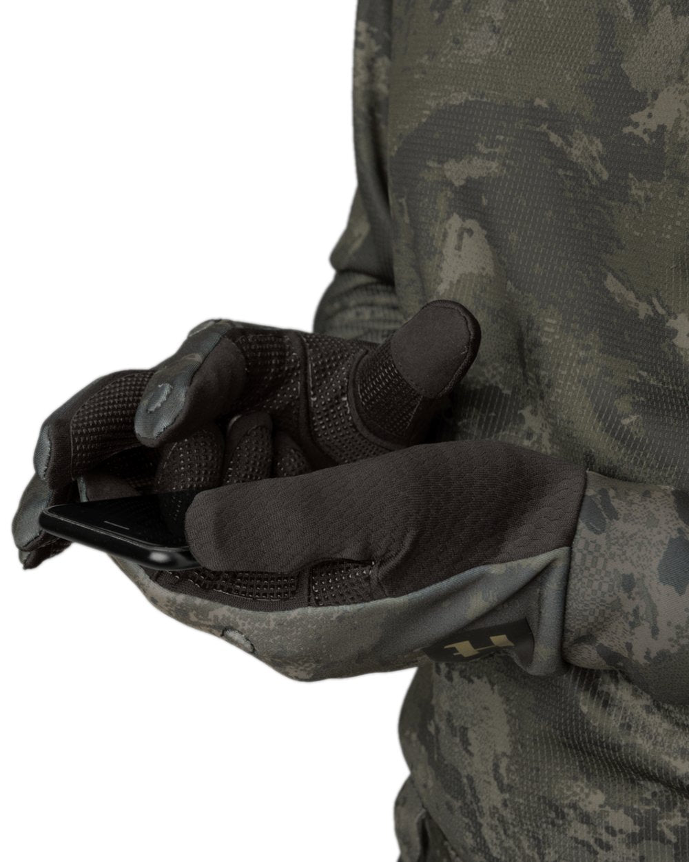 AXIS Black Coloured Harkila NOCTYX Camo Fleece Glove with Foldback Finger on white background #colour_axis-black