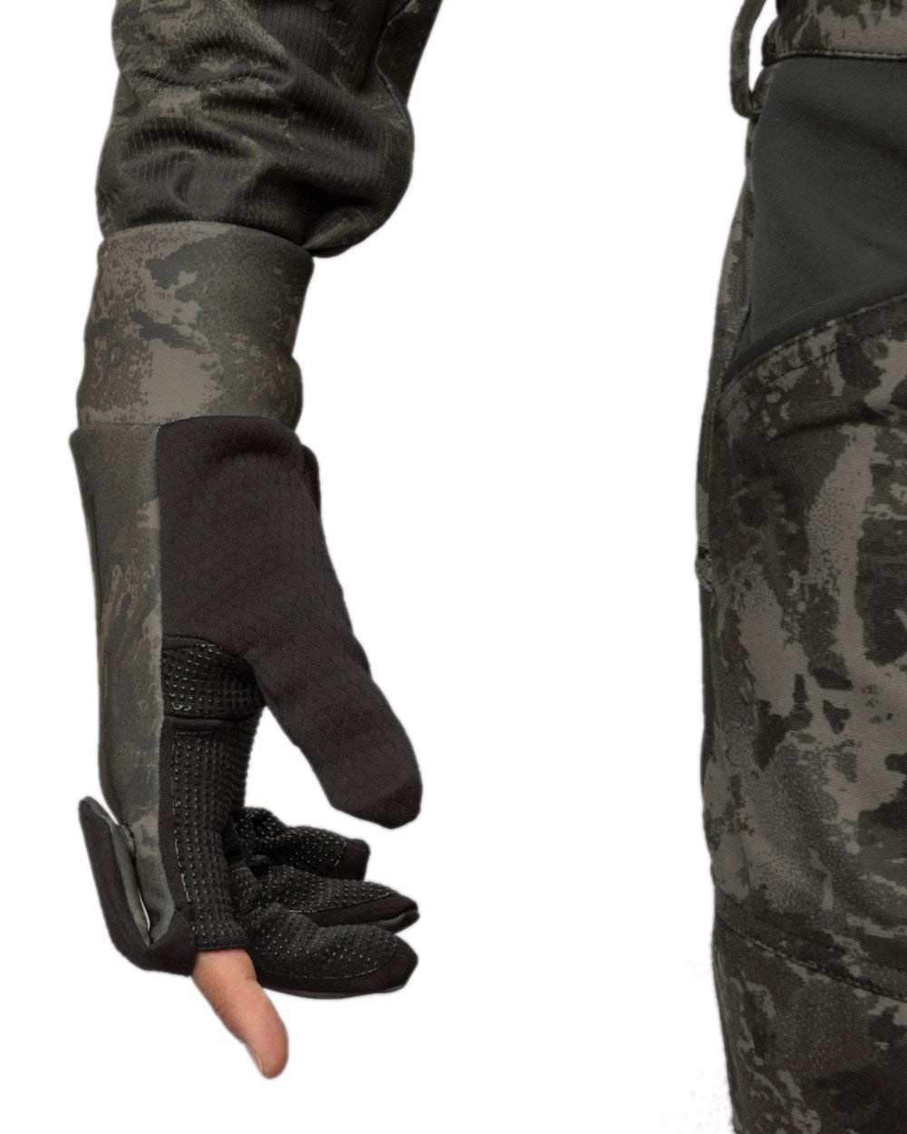 AXIS Black Coloured Harkila NOCTYX Camo Fleece Glove with Foldback Finger on white background #colour_axis-black