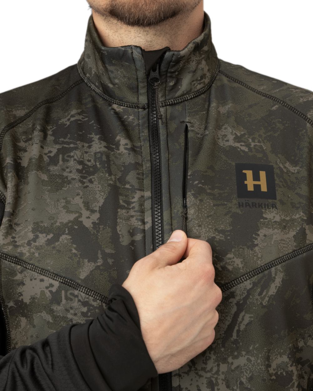 AXIS Black Black Coloured Harkila NOCTYX Camo Fleece Jacket on white background #colour_axis-black-black