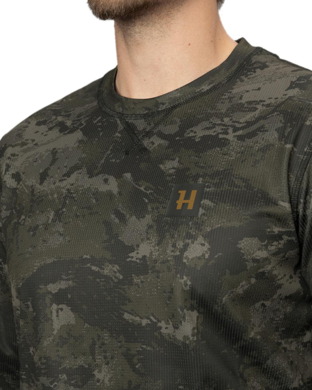 AXIS Black Coloured Harkila NOCTYX Camo Long Sleeve T-Shirt on white background #colour_axis-black