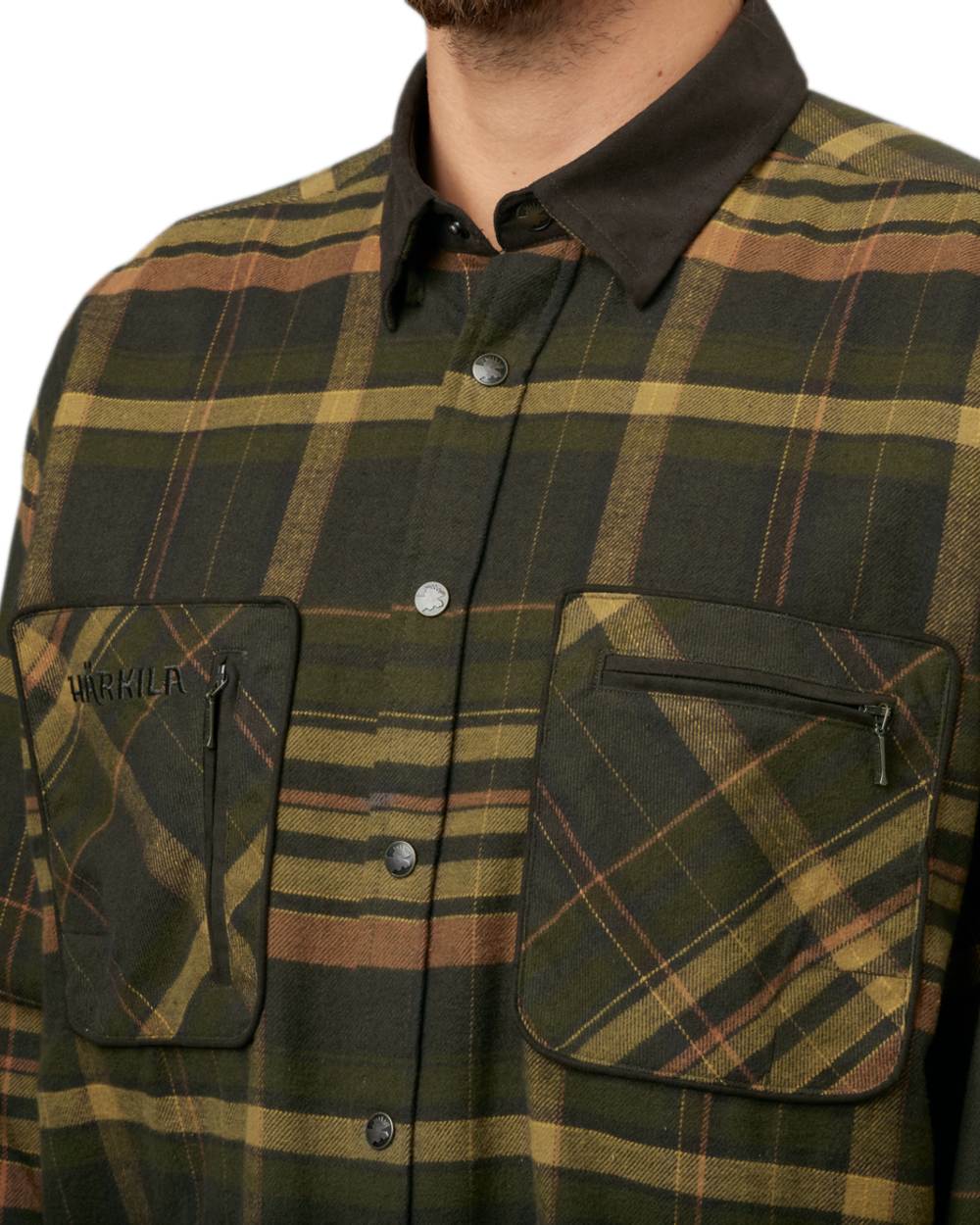 Green Brown Coloured Harkila Pajala Check Shirt on white background #colour_green-brown