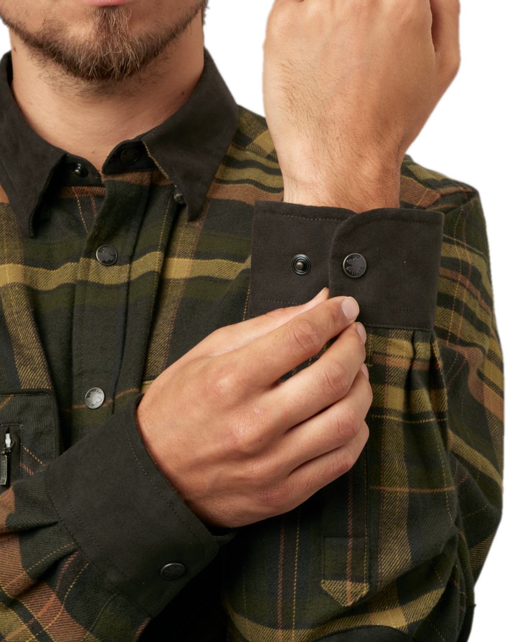 Green Brown Coloured Harkila Pajala Check Shirt on white background #colour_green-brown