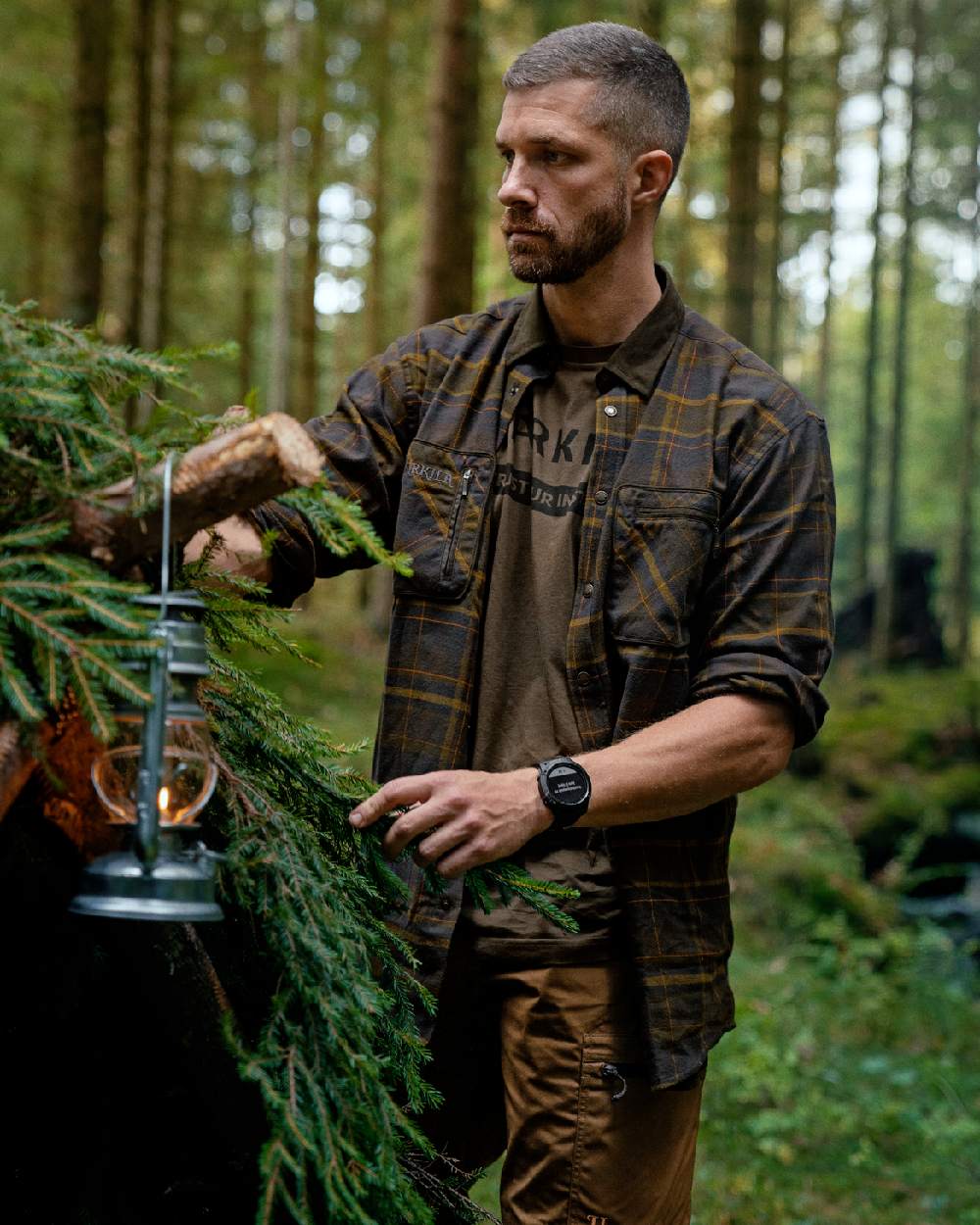Mellow Brown Check Coloured Harkila Pajala Check Shirt on outdoor background #colour_mellow-brown-check