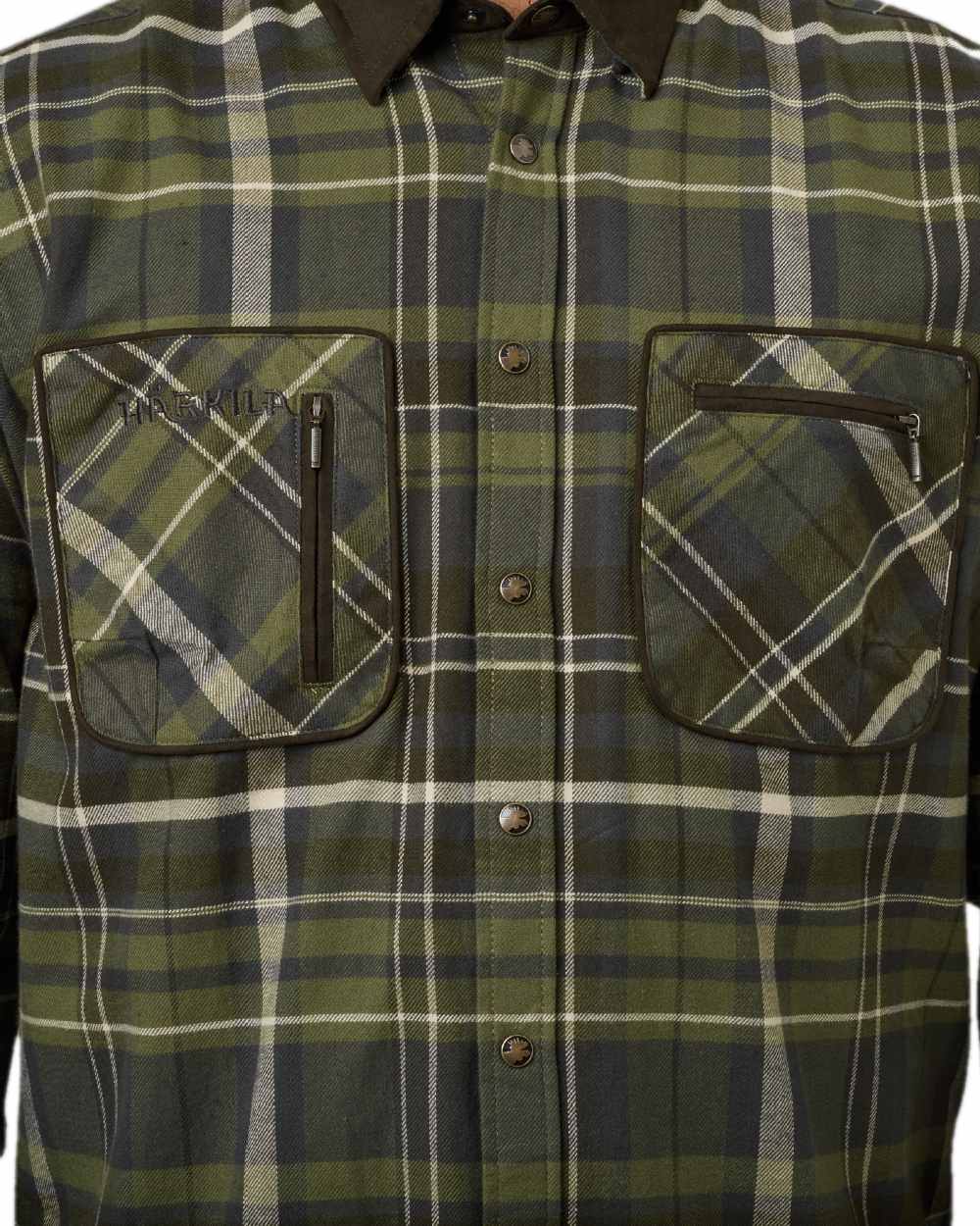 Olive Check Coloured Harkila Pajala Check Shirt on white background #colour_olive-check