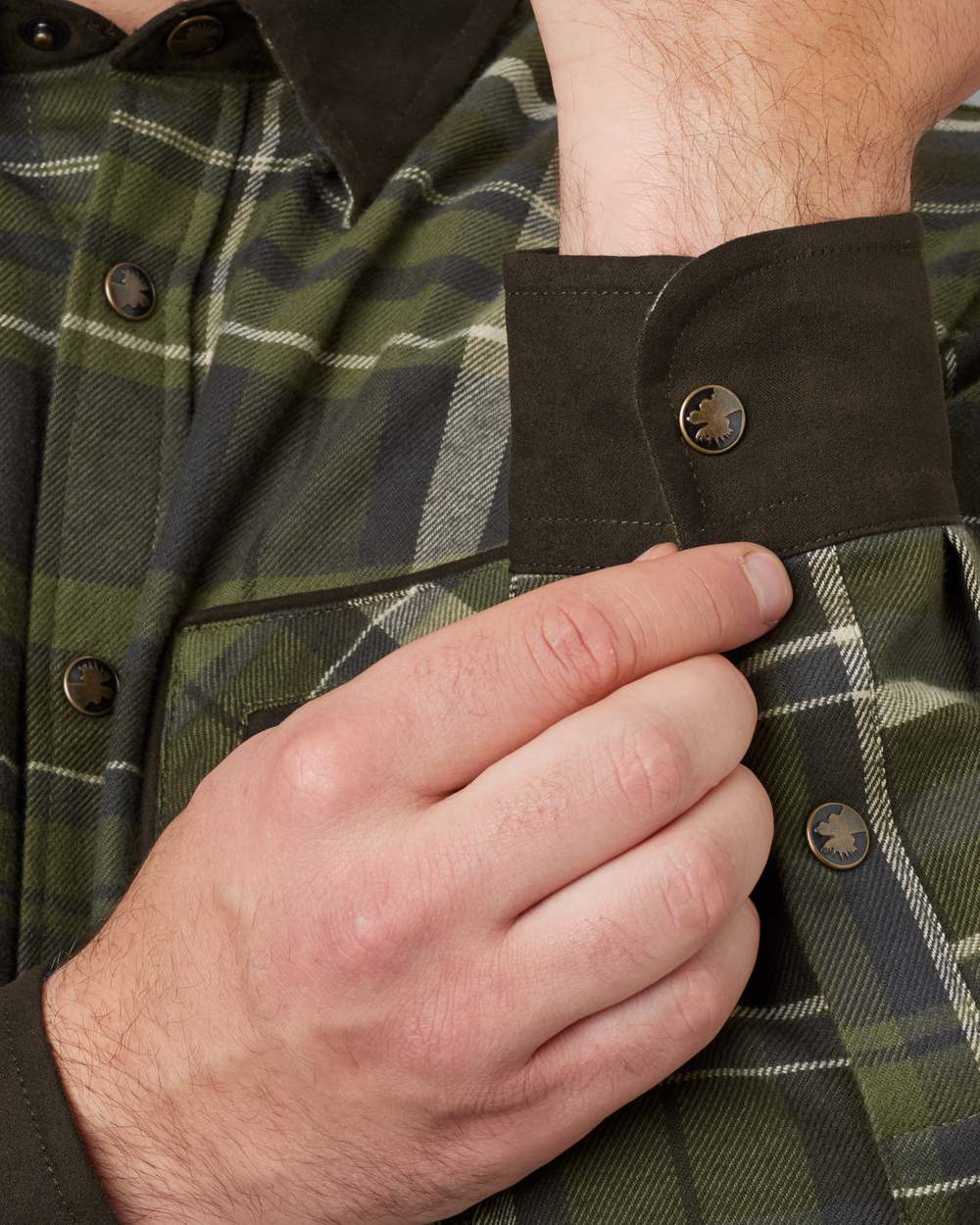 Olive Check Coloured Harkila Pajala Check Shirt on white background #colour_olive-check