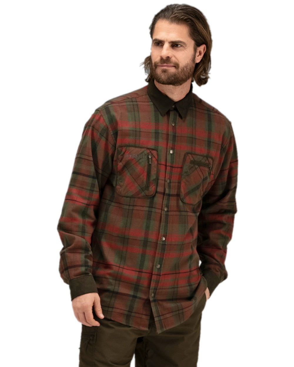 Red Autumn Check Coloured Harkila Pajala Check Shirt on white background #colour_red-autumn-check