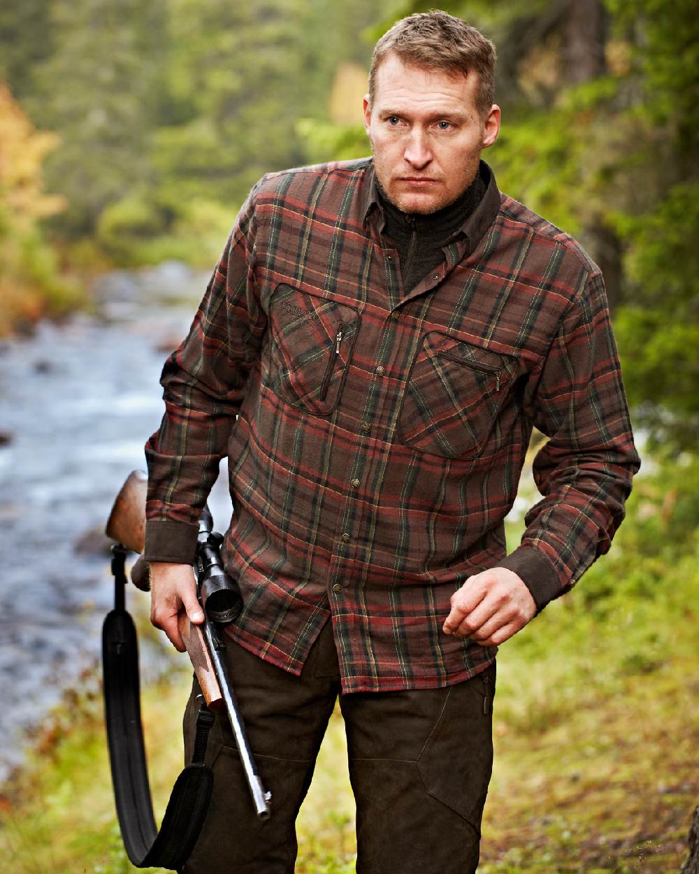 Red Check Coloured Harkila Pajala Check Shirt on outdoor background #colour_red-check