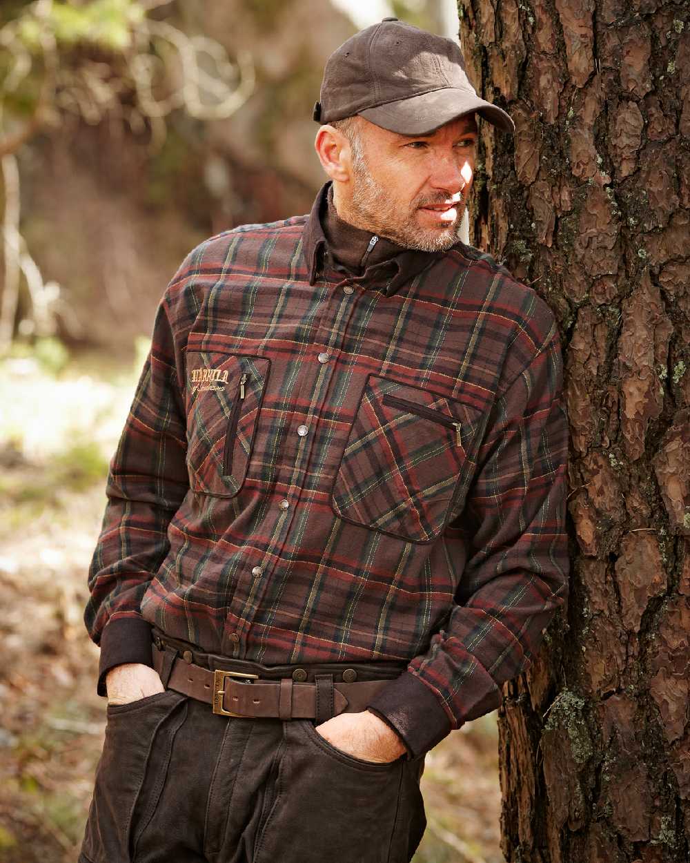 Red Check Coloured Harkila Pajala Check Shirt on outdoor background #colour_red-check