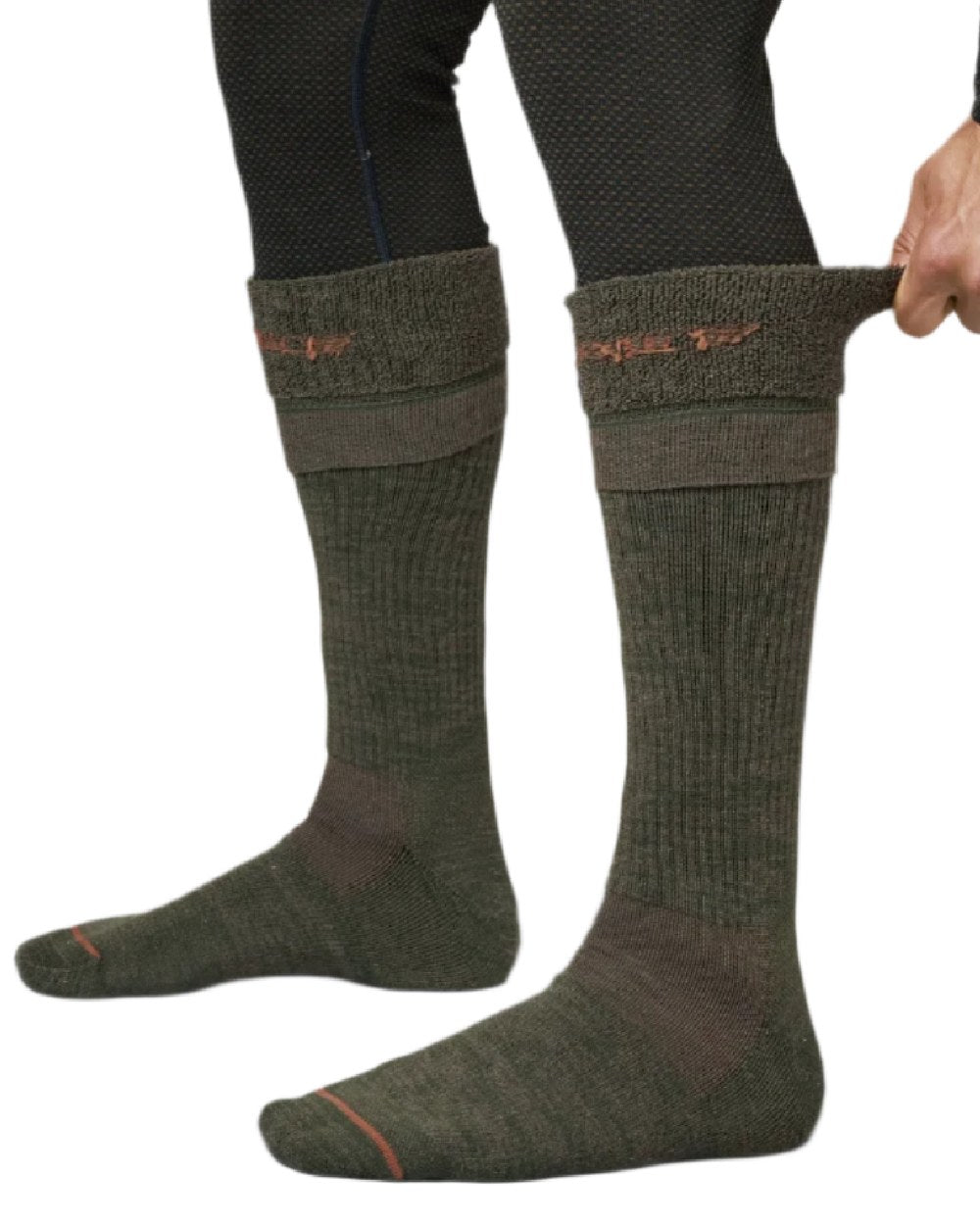 Green Shadow Brown Coloured Harkila Pro Hunter 2.0 Long Socks on white background #colour_green-shadow-brown