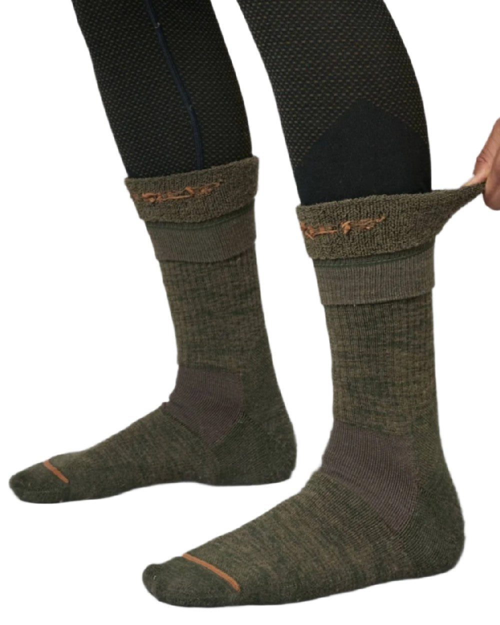 Willow Green Shadow Brown Coloured Harkila Pro Hunter 2.0 Short Sock on white background #colour_willow-green-shadow-brown