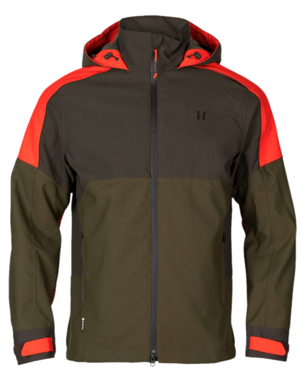 Willow Green Orange Coloured Harkila Pro Hunter Dog Keeper GTX Jacket on white background #colour_willow-green-orange