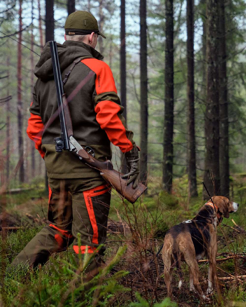 Willow Green Orange Coloured Harkila Pro Hunter Dog Keeper GTX Jacket on outdoor background #colour_willow-green-orange