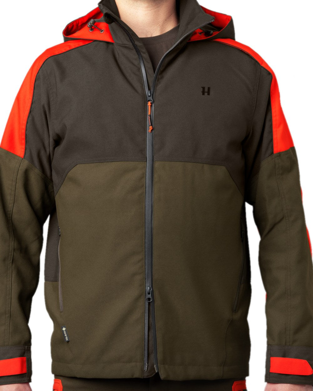 Willow Green Orange Coloured Harkila Pro Hunter Dog Keeper GTX Jacket on white background #colour_willow-green-orange