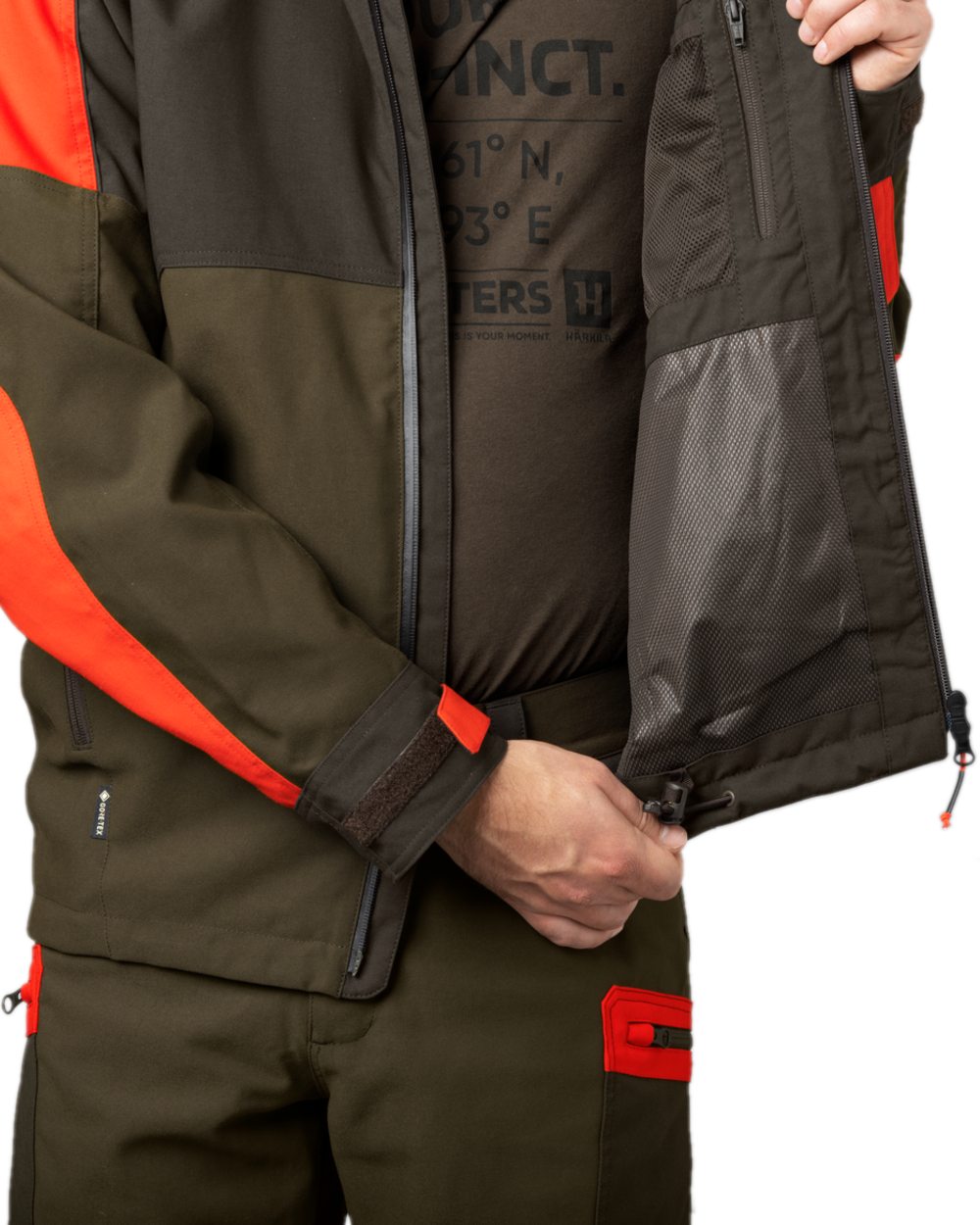 Willow Green Orange Coloured Harkila Pro Hunter Dog Keeper GTX Jacket on white background #colour_willow-green-orange