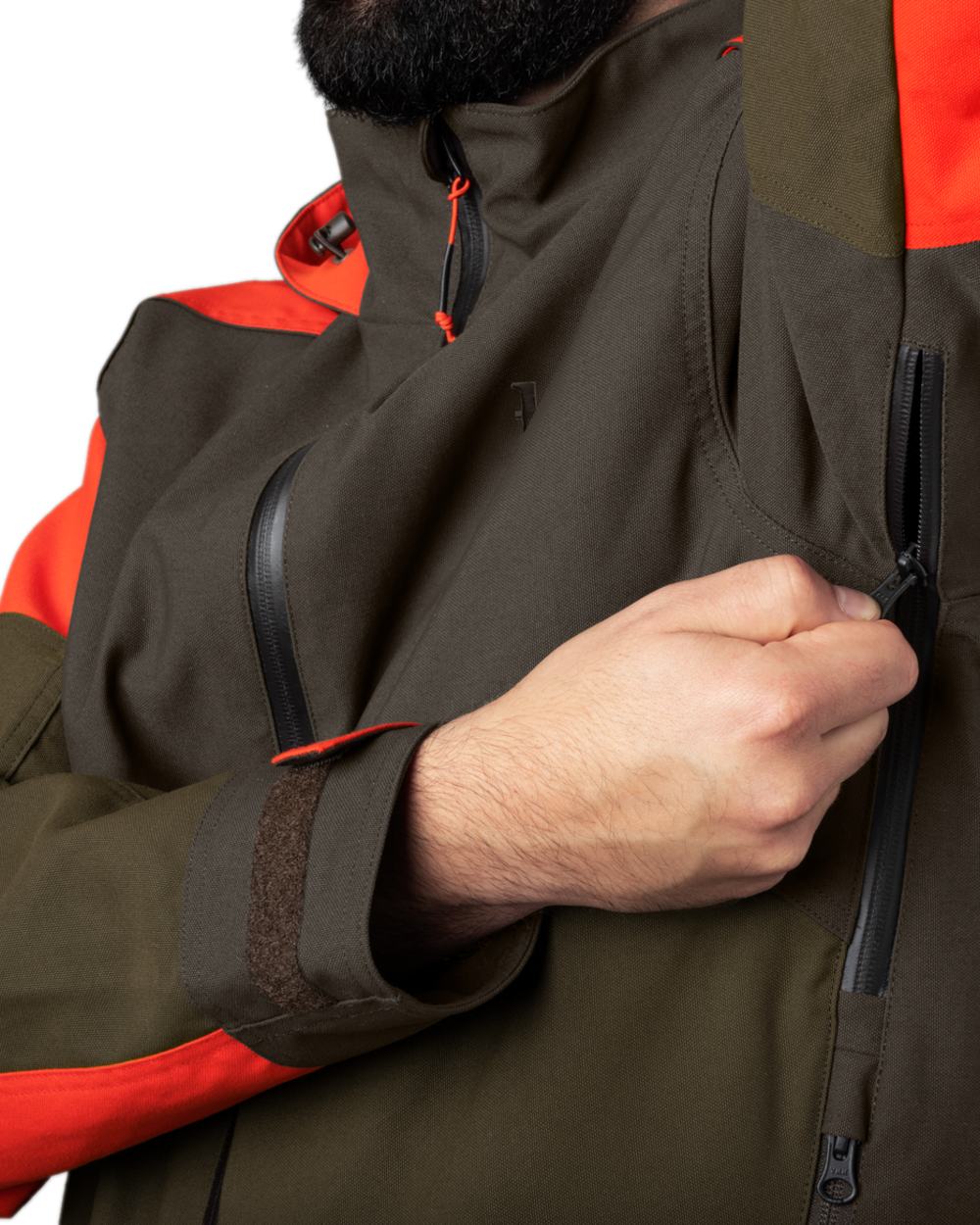 Willow Green Orange Coloured Harkila Pro Hunter Dog Keeper GTX Jacket on white background #colour_willow-green-orange