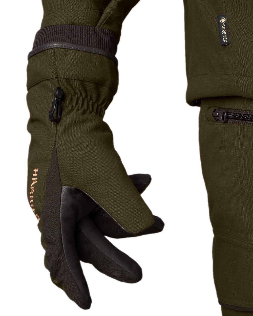 Willow Green Shadow Brown Coloured Harkila Pro Hunter GTX Gloves on white background #colour_wilow-green-shadow-brown