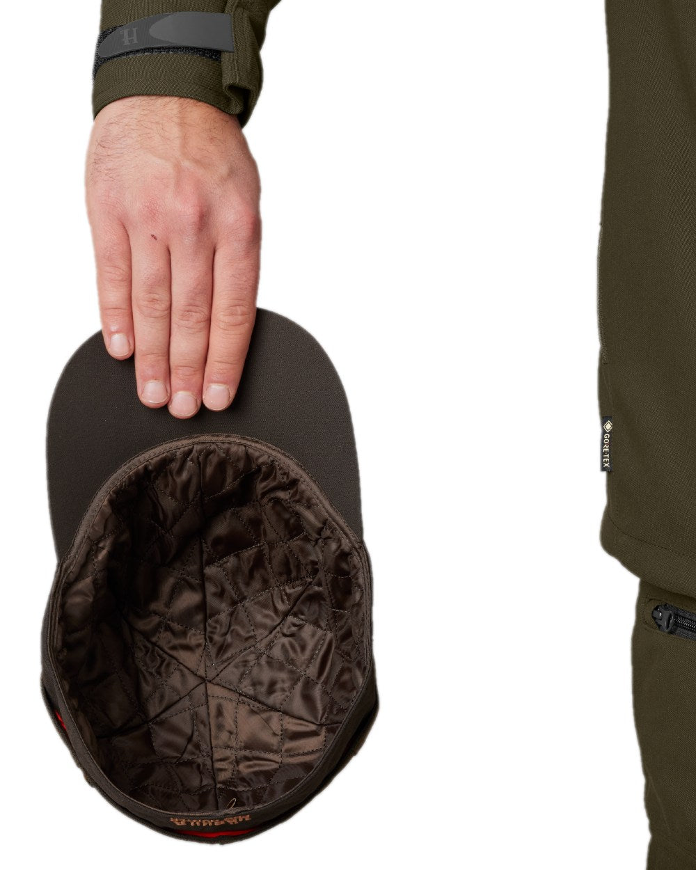 Willow Green Shadow Brown Coloured Harkila Pro Hunter GTX Reversible cap on white background #colour_willow-green-shadow-brown