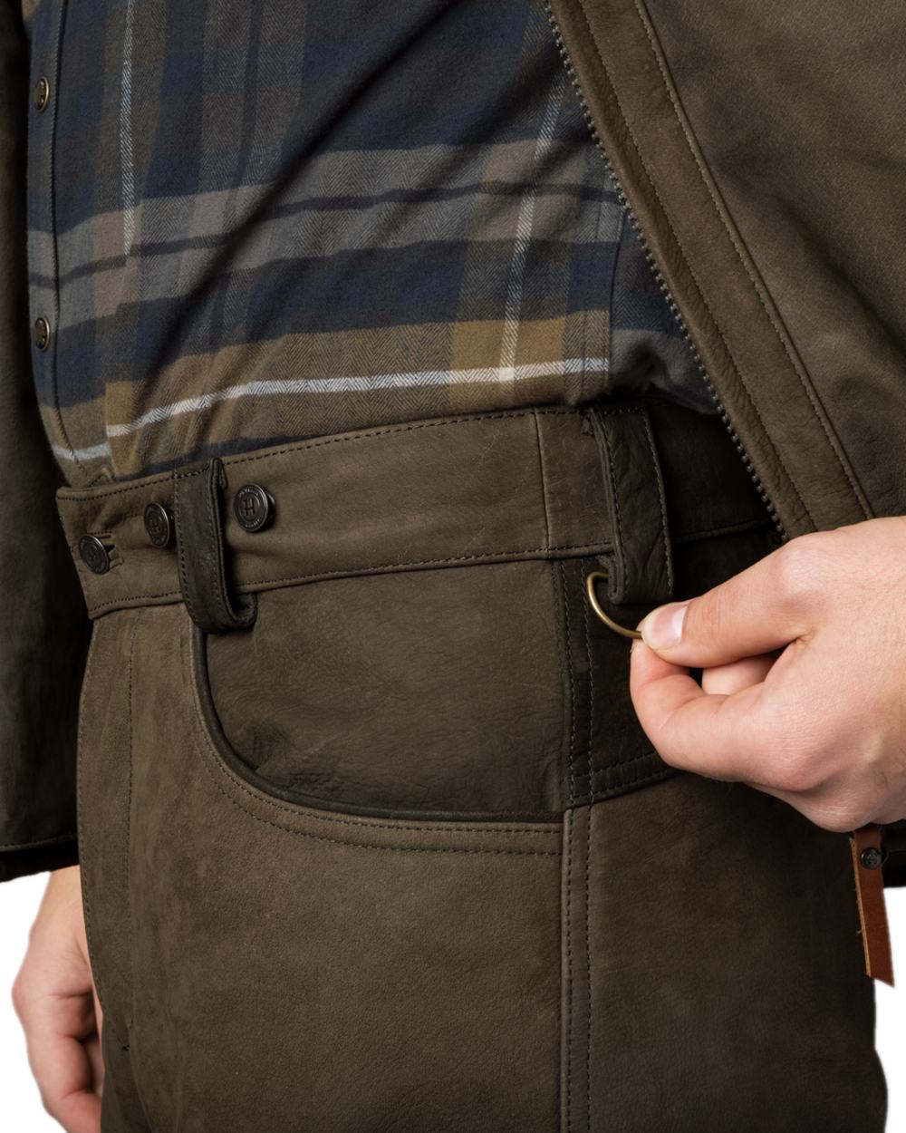Willow Green Coloured Harkila Pro Hunter Leather Trousers on white background #colour_willow-green