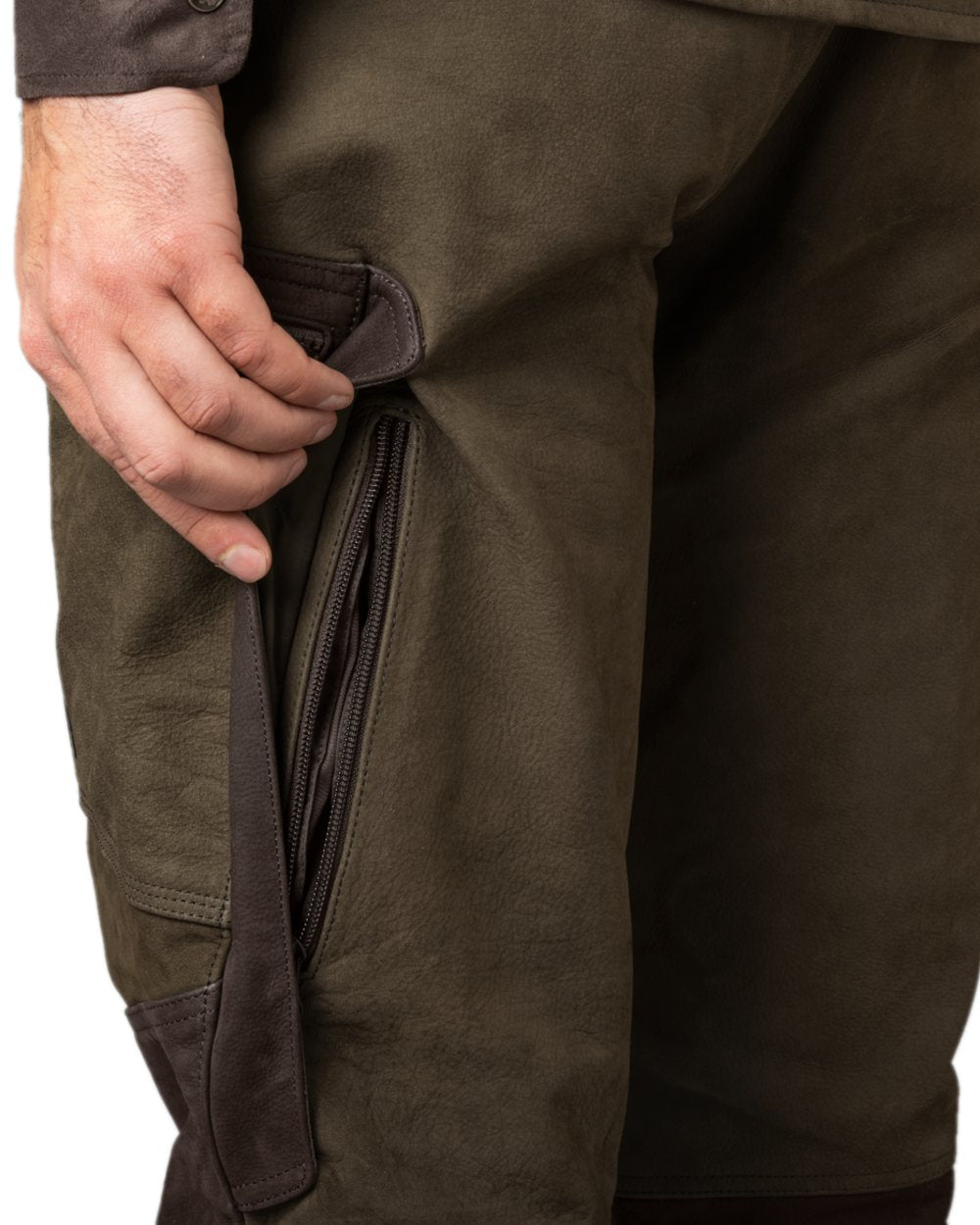 Willow Green Coloured Harkila Pro Hunter Leather Trousers on white background #colour_willow-green