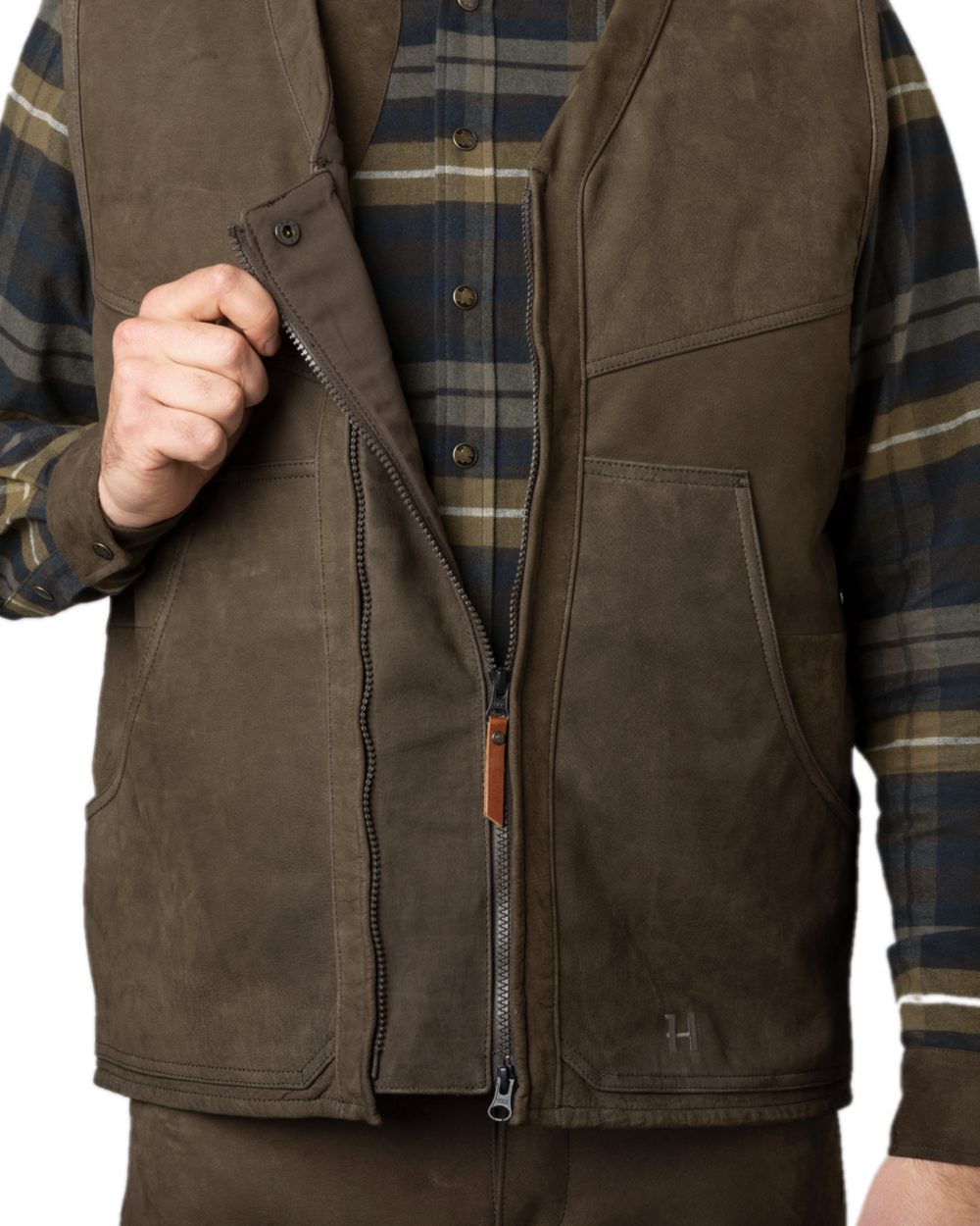 Willow Green Coloured Harkila Pro Hunter Leather Waistcoat on white background #colour_willow-green
