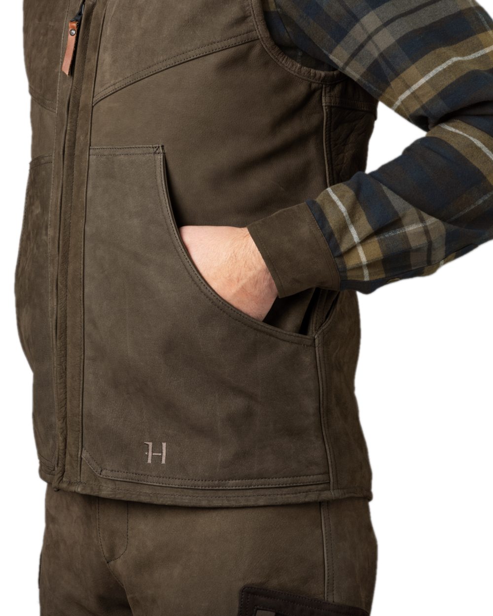 Willow Green Coloured Harkila Pro Hunter Leather Waistcoat on white background #colour_willow-green