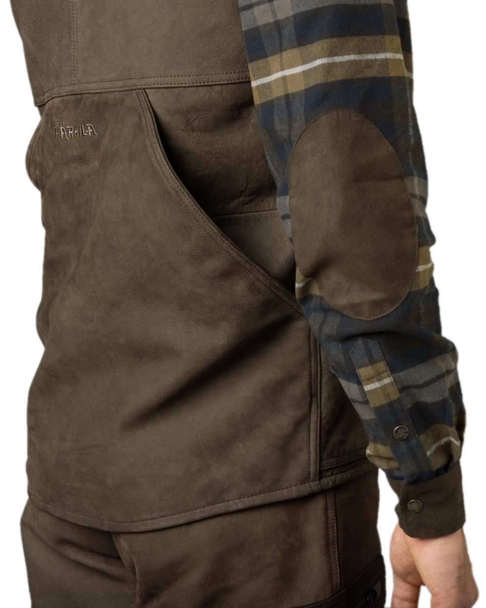 Willow Green Coloured Harkila Pro Hunter Leather Waistcoat on white background #colour_willow-green