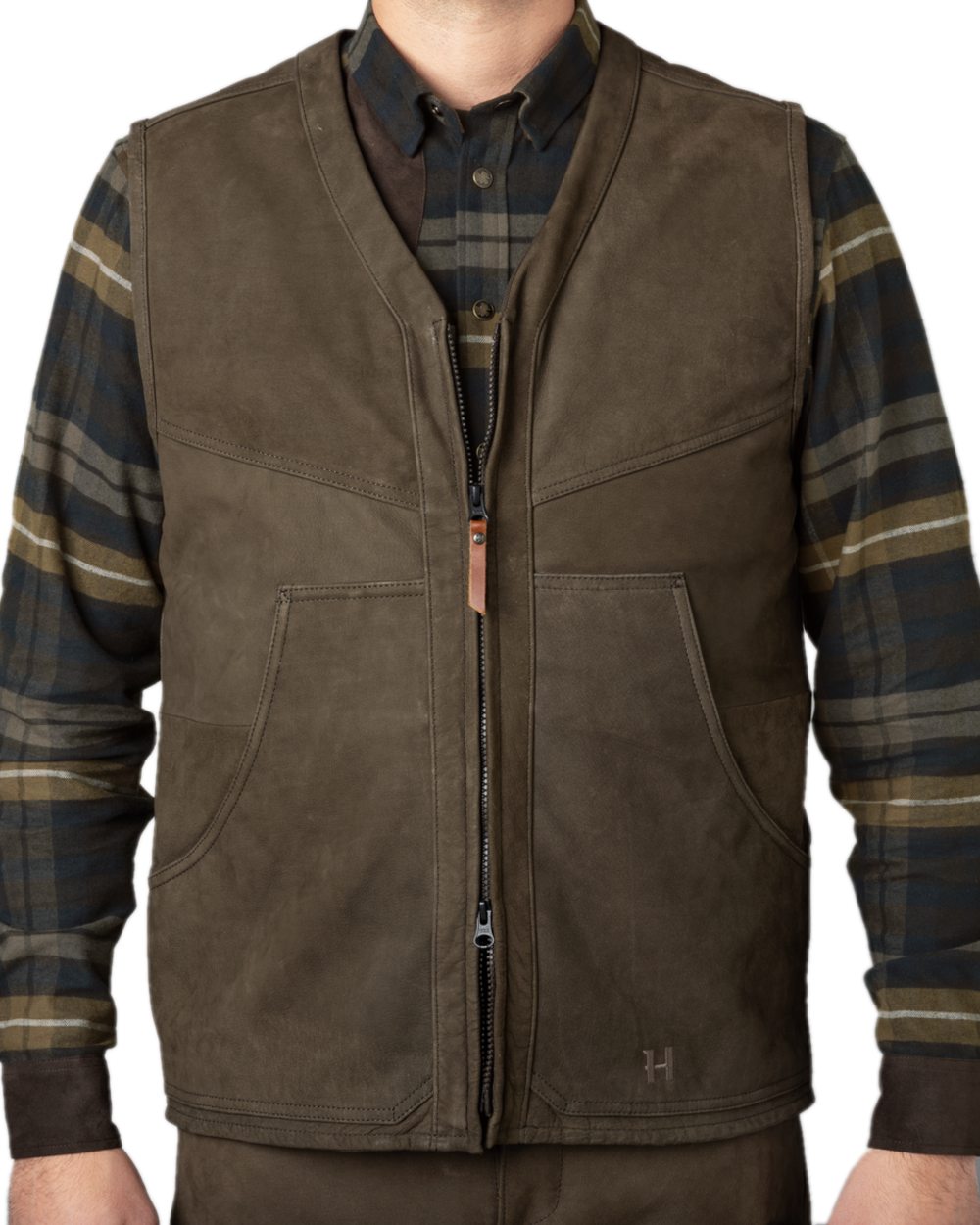 Willow Green Coloured Harkila Pro Hunter Leather Waistcoat on white background #colour_willow-green