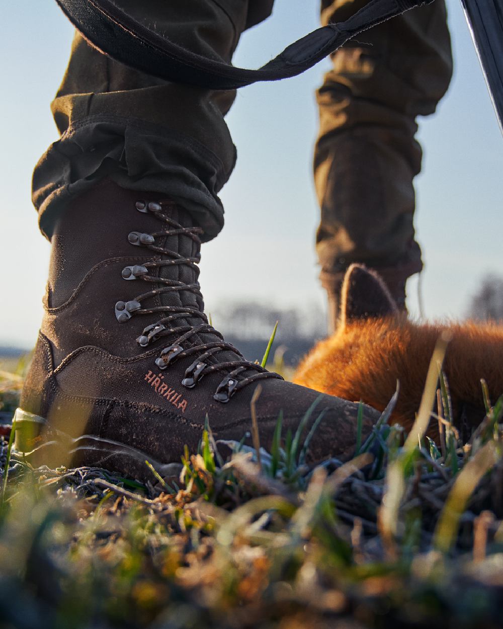 Shadow Brown Coloured Harkila Pro Hunter Light Hi GTX Boots on outdoor background #colour_shadow-brown