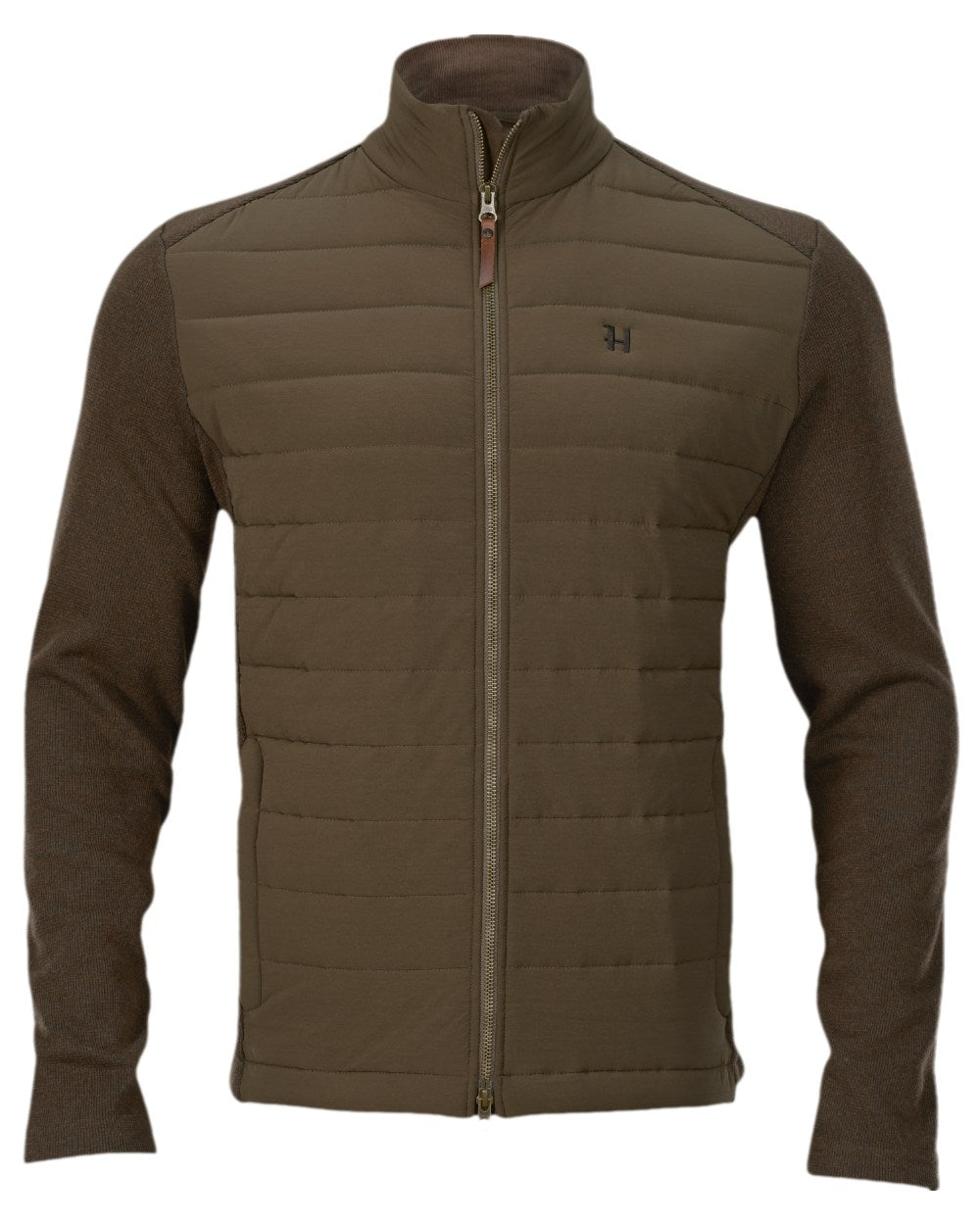Dark Warm Olive Coloured Harkila Retrieve Insulated Cardigan on white background #colour_dark-warm-olive