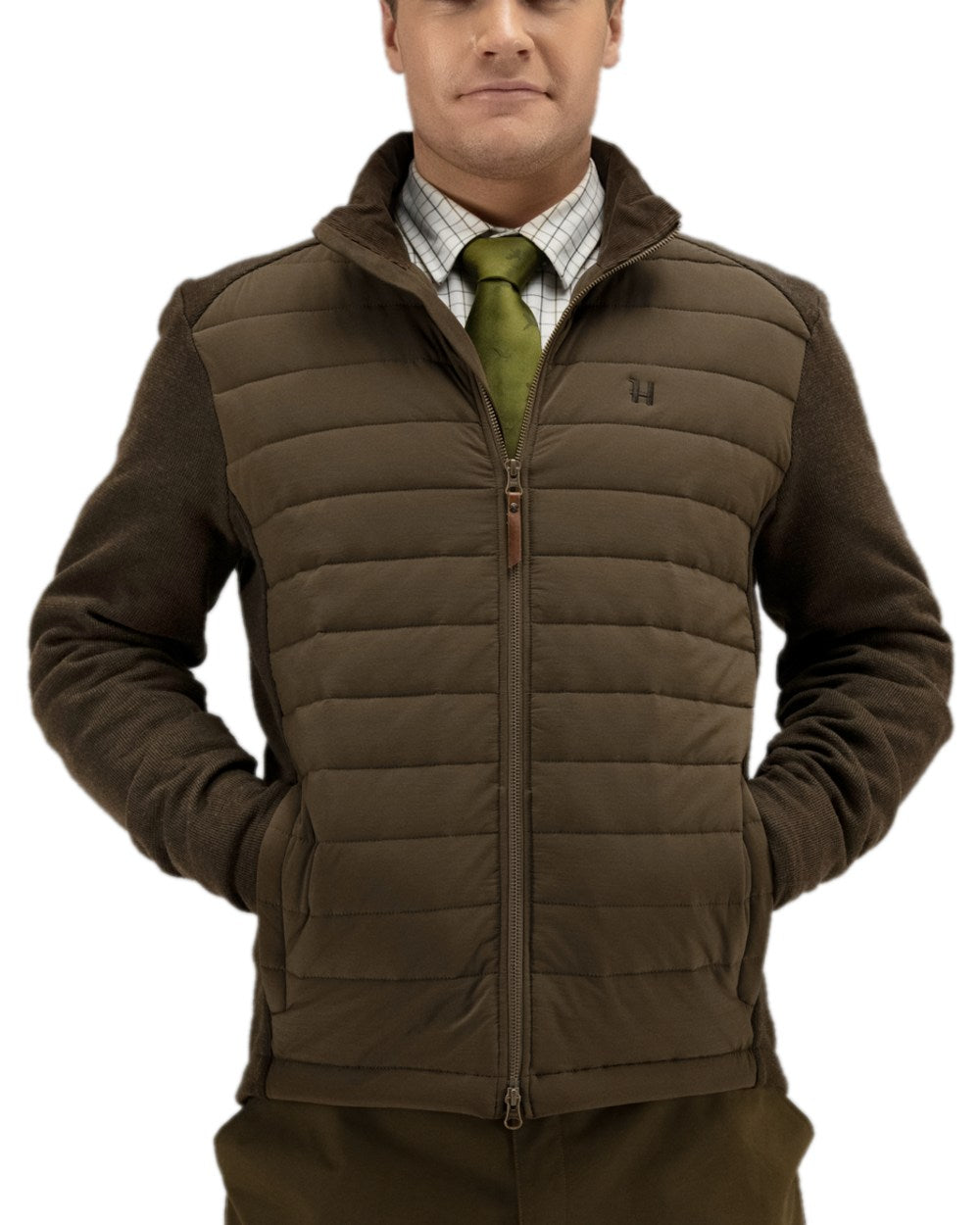 Dark Warm Olive Coloured Harkila Retrieve Insulated Cardigan on white background #colour_dark-warm-olive